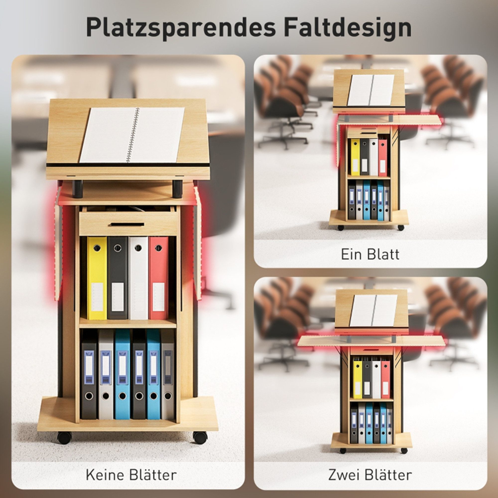 MC Star Stehpult Rollbarer Podiumsständer, Redepult mit klappbaren Seitenflügeln (Laptop-Tisch mit Schublade und Regalen, Eichenoptik)