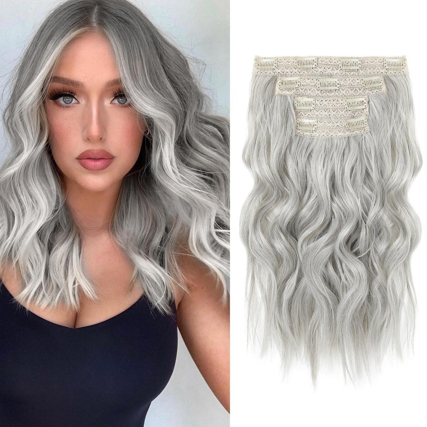 LuxusKollektion Kunsthaar-Extension Haarverlängerung Clip In 4PC Wellig 35cm 14 inch Silber Grau