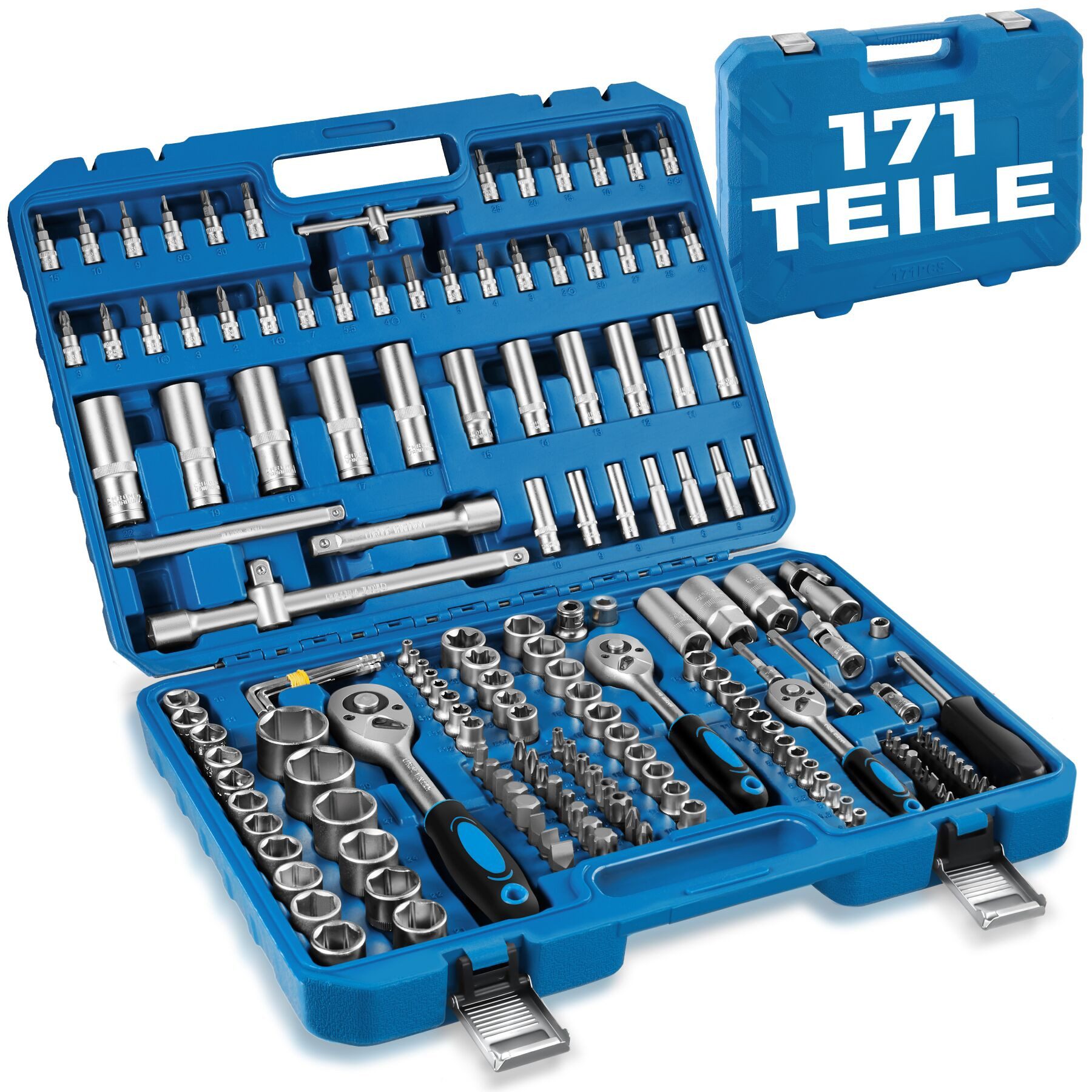 tectake Steckschlüssel Werkzeugkoffer, übersichtliche Anordnung im Kunststoffkoffer (Schraubenschlüssel, 1 St., 171-teilig in blau), aus Chrom Vanadium Stahl mit Kodierung und Kugelfangrille