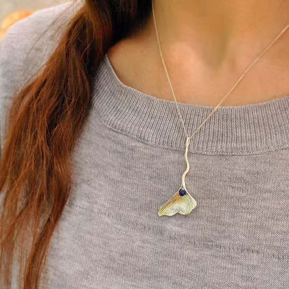 Runde Perlé Kette mit Anhänger Kette mit Ginkgo Blatt Anhänger, 925er Silber, 18K Gold, Edelstein Lapis, Lapislazuli (inkl. Geschenkverpackung)