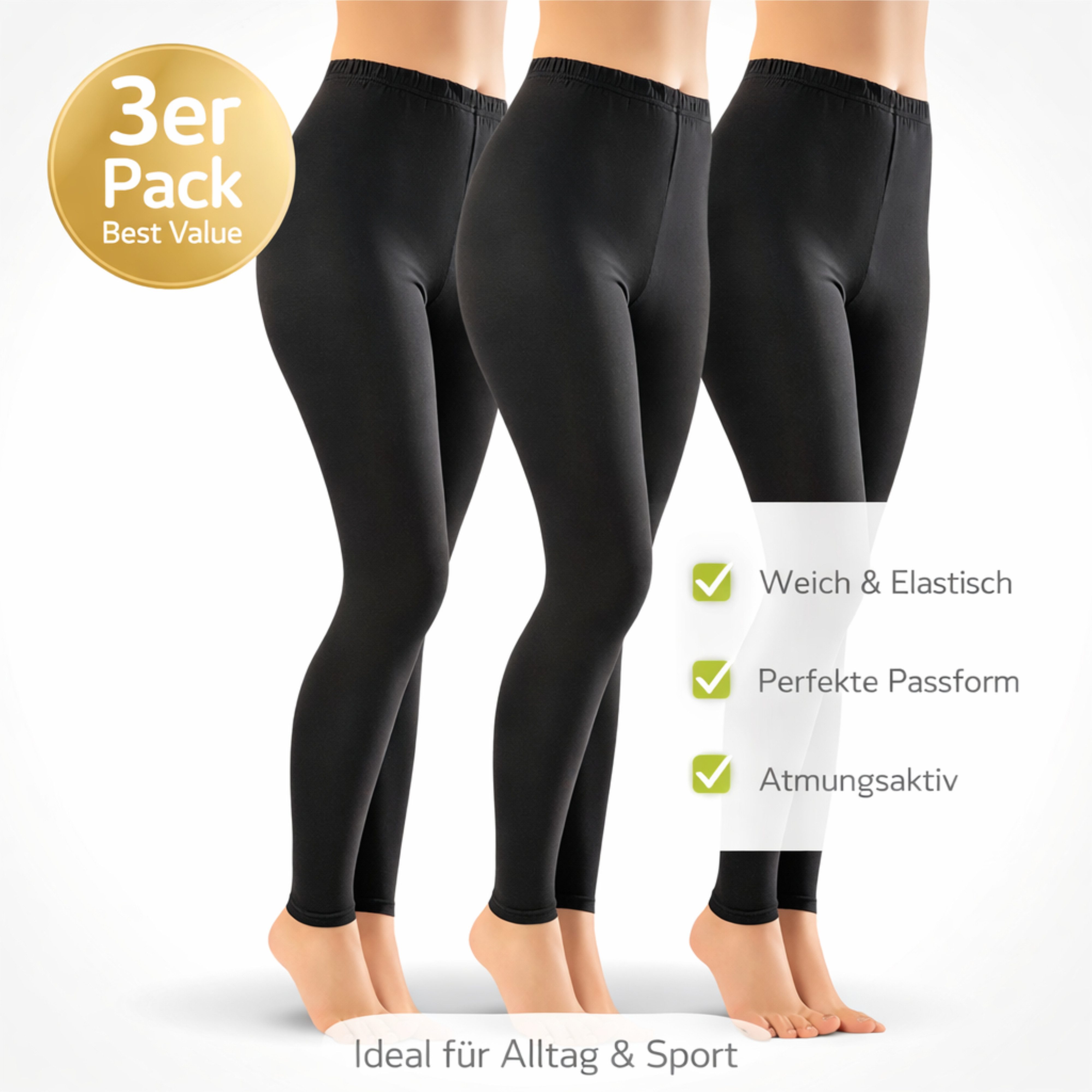 Berrak Leggings Damen Baumwolle Schwarz 3er Pack (Spar-Set, 3-tlg., 3er-Pack) Premium Qualität A2135 – Bild 4 von 5