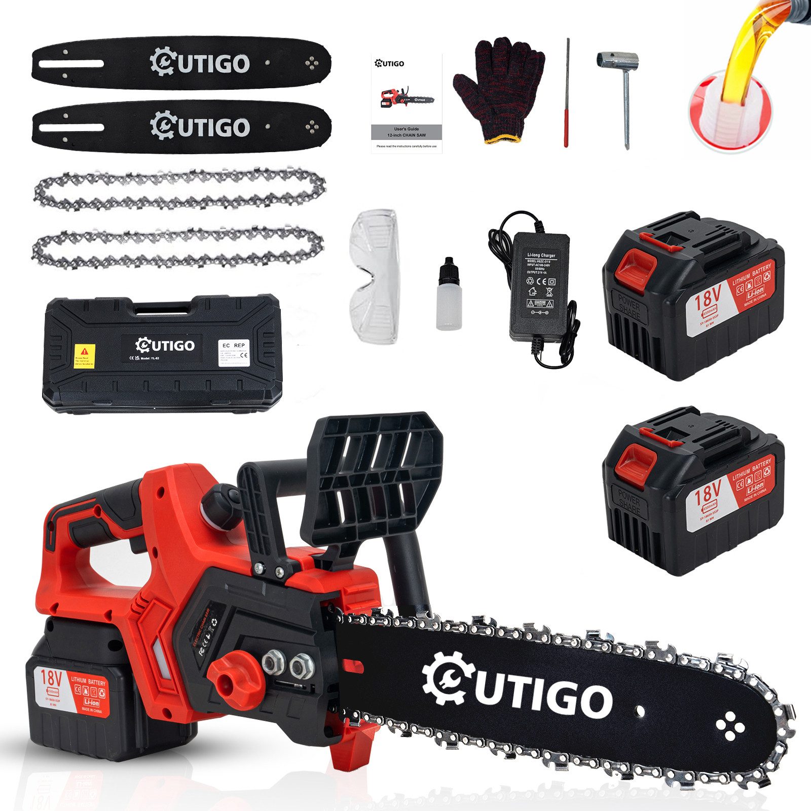 OUTIGO Akku-Kettensäge 12-Zoll-Akku Kettensäge, 2 × 4500-mAh-Akku, 2 Rechtwinklige Ketten +2 Ersatzklingen, Kettensäge1000 W