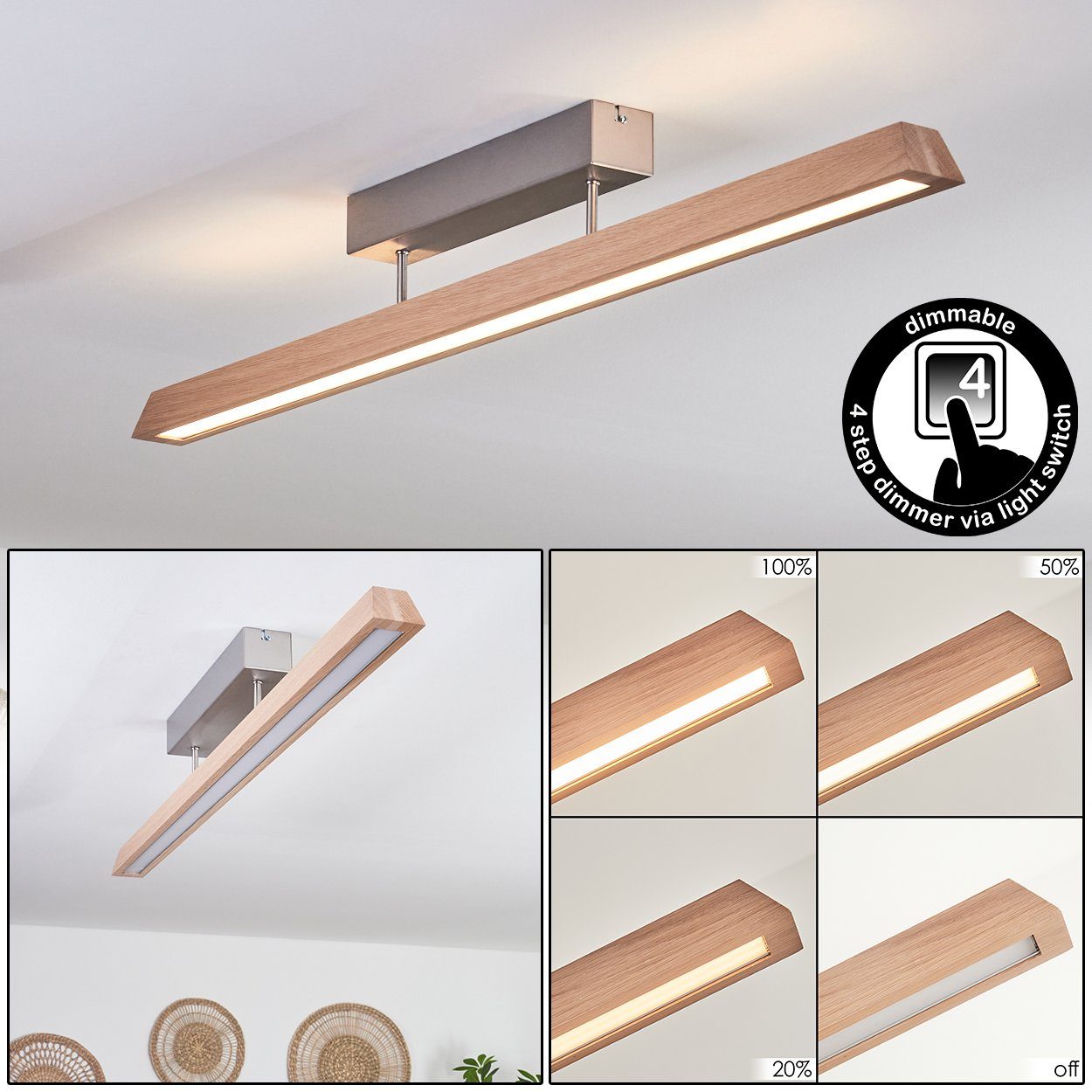 Kelvin, Deckenlampe aus wechselbar, Holz/Metall/Kunststoff 3000 LED Natur/Nickel-matt/Weiß, 14 in dimmbar, Watt, Lichtschalter 6000 über herkömmlichen LED hofstein Lumen Deckenleuchte