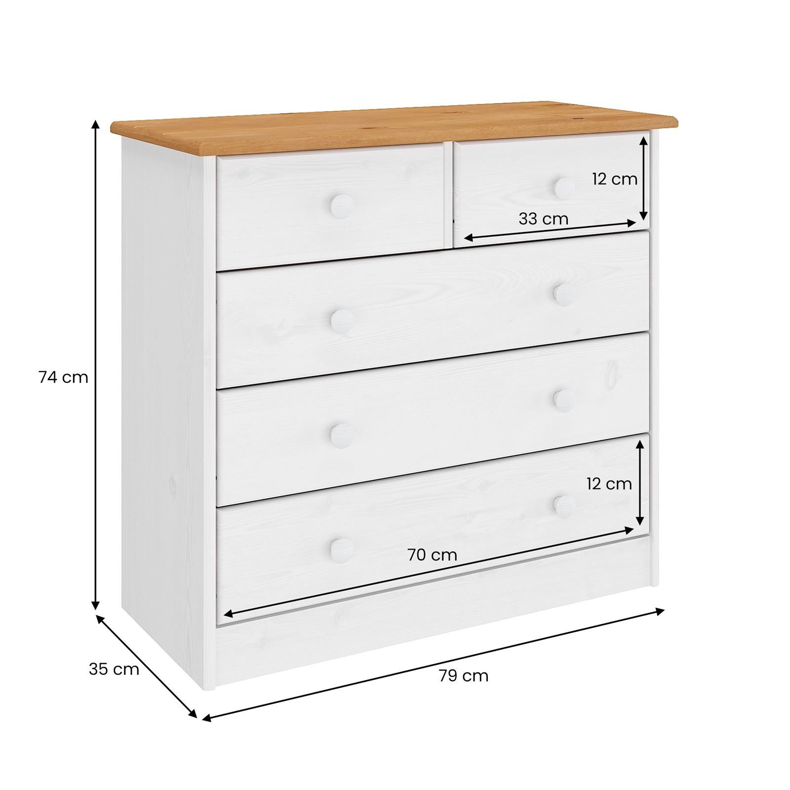 IDIMEX Kommode RONDO, Kommode Anrichte Sideboard mit 5 Schubladen Kiefer massiv lackiert in