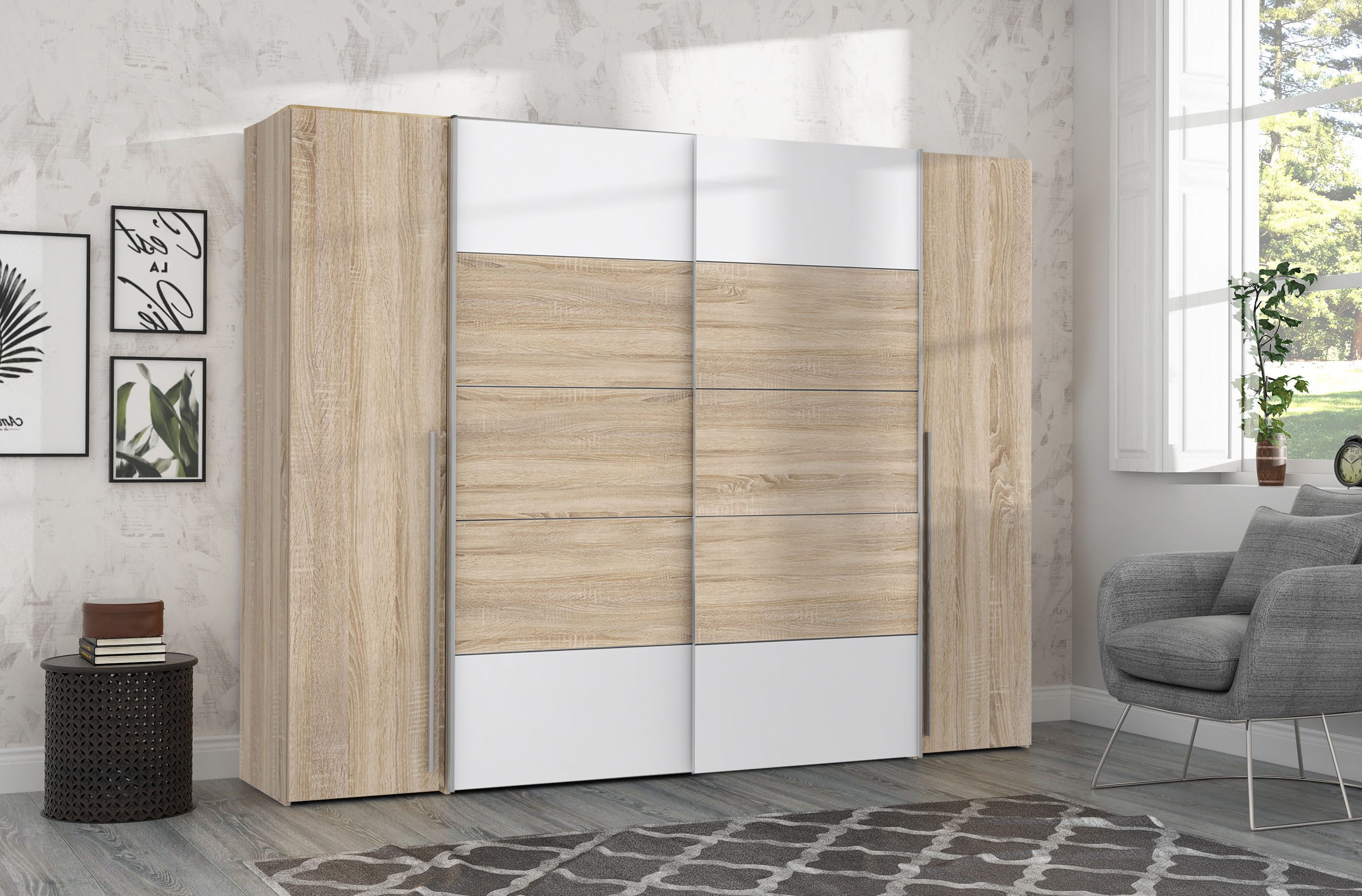 FORTE Kleiderschrank Narago, Kombischrank, Paneele wechselbar (B/H/T ca. 270/210/61cm) Kombination aus Schwebetüren mit seitlichen Drehtüren, Made in Europe