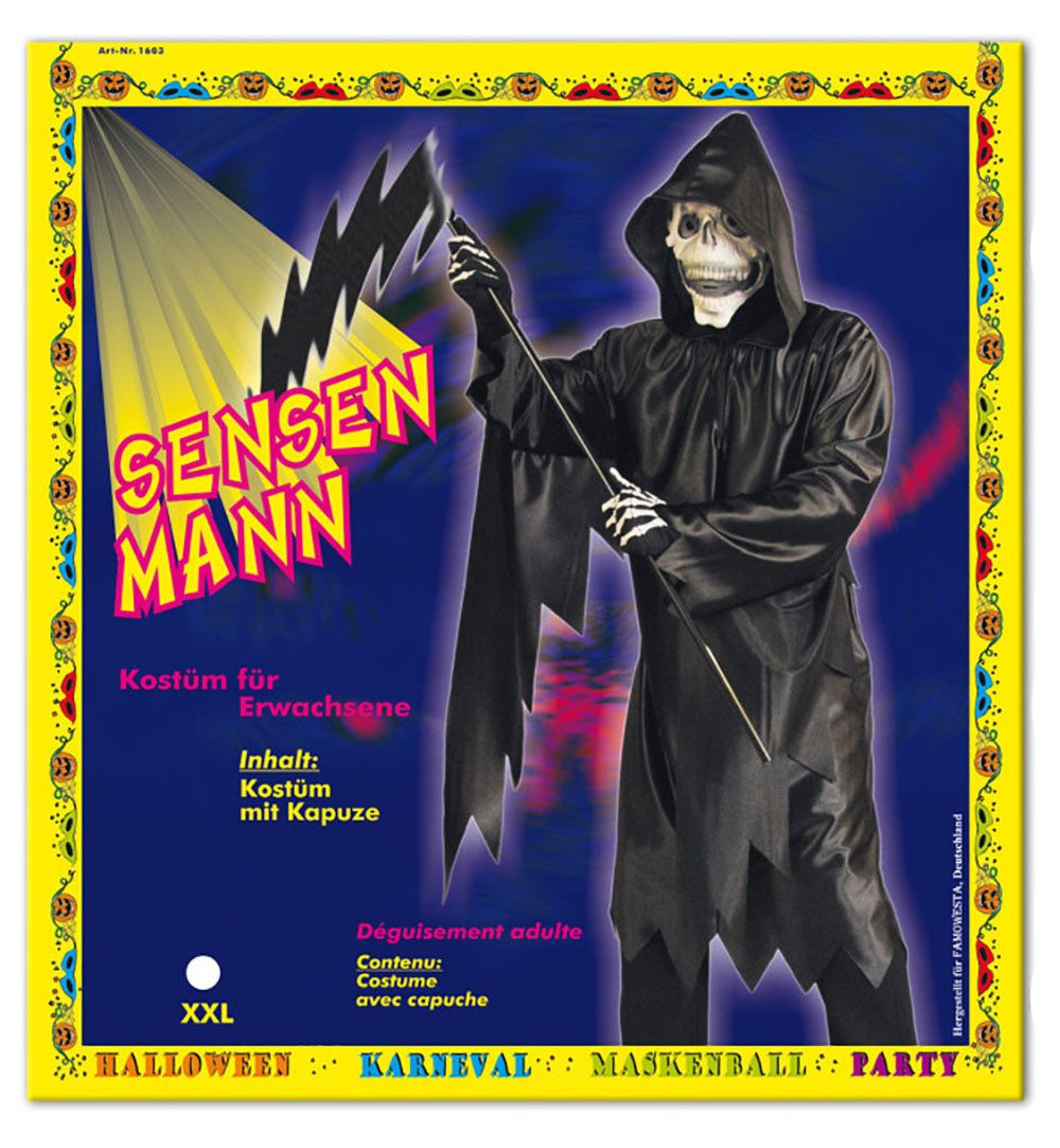 Fries Kostüm Horror Sensenmann Cape Umhang XXL mit Kapuze Schwarz Halloween, Mit Kapuze