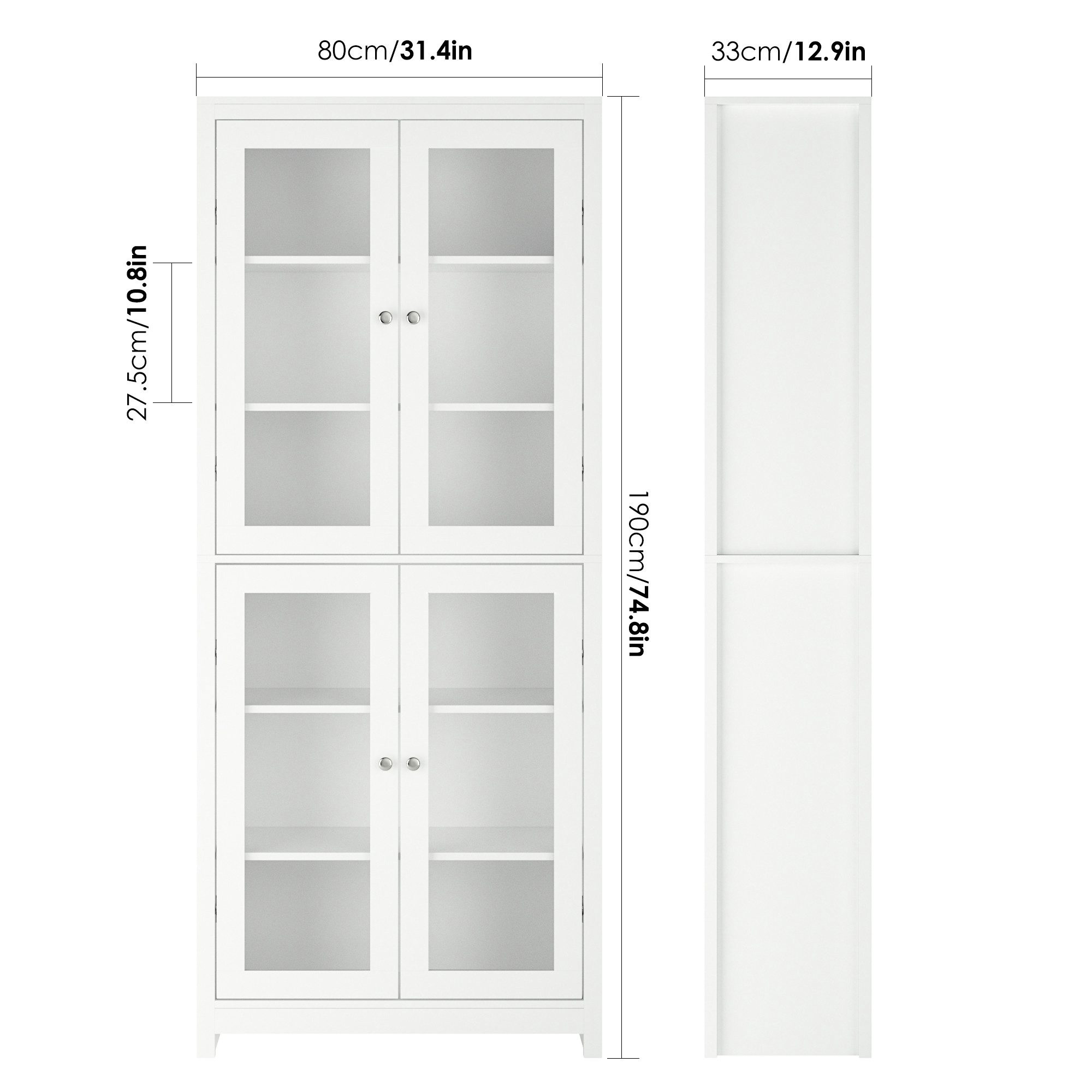 Homfa Vitrine Vitrinenschrank, Bücherschrank, 190 cm Hochschrank mit 4 Glastüren, 6 Fächern, 80x33x190cm, Weiß, aus Holz