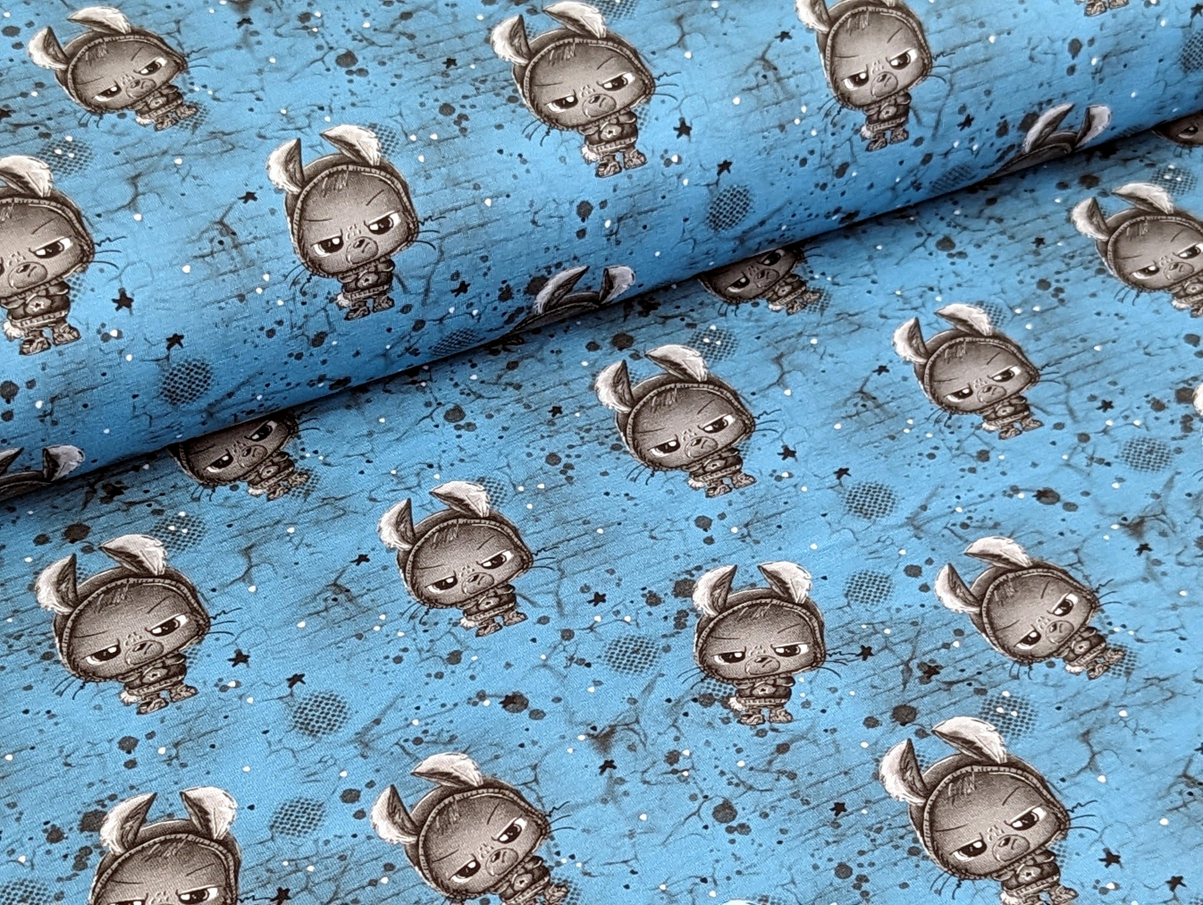 Corileo Stoff Eigenproduktion Baumwolljersey Kleiner Hasen Rebell auf Türkis