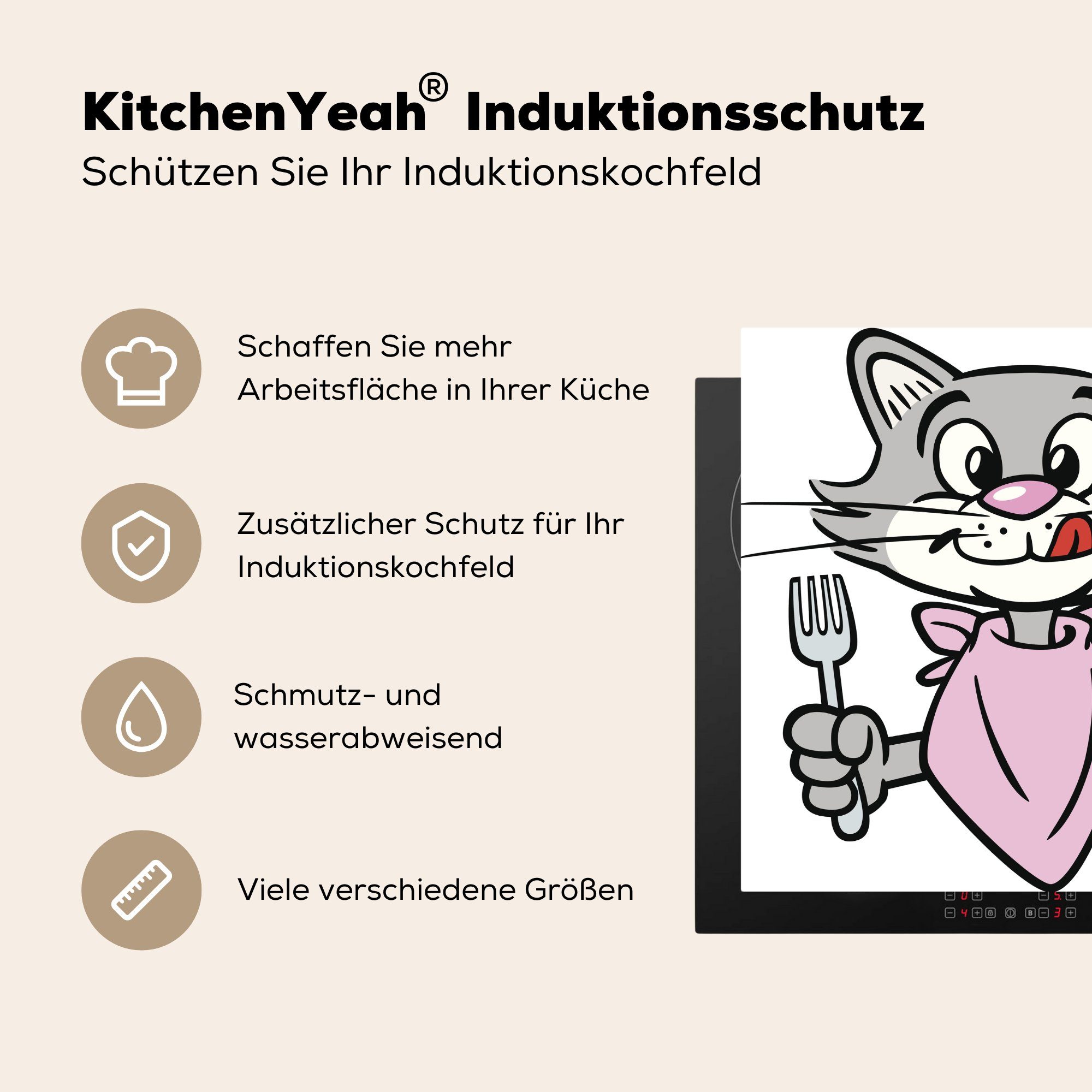 Grau, 78x78 Besteck Katze (1 Ceranfeldabdeckung, MuchoWow Arbeitsplatte - Herdblende-/Abdeckplatte küche - tlg), cm, Vinyl, für