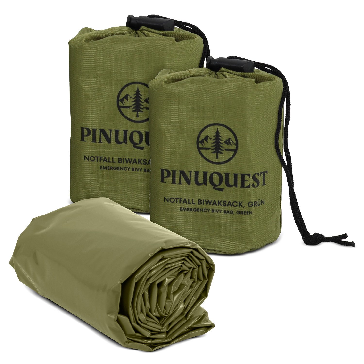 PINUQUEST Biwaksack Notfallschlafsack (2 tlg), Rettungsdecke Notfall-Biwaksack Survival Notbiwak, grün, 2 Stück
