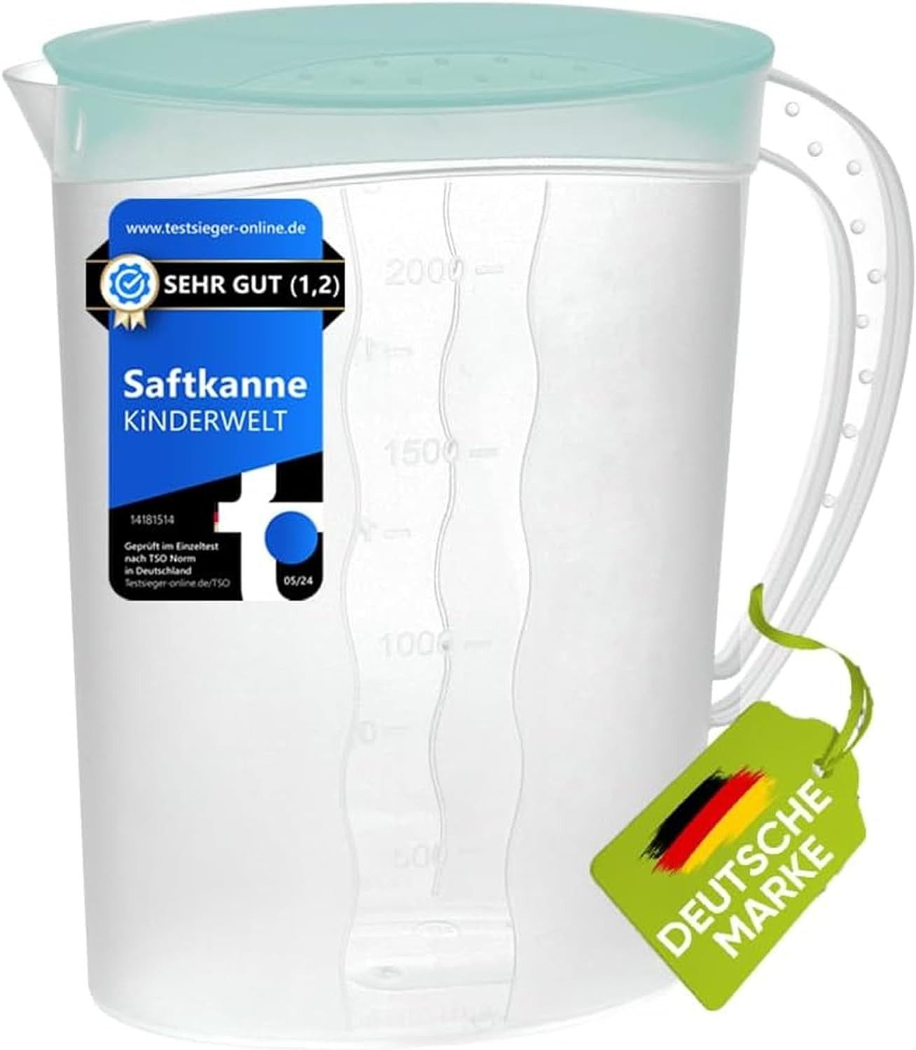 Wasserkaraffe Premium Saftkanne 2 Liter mit Deckel Maßeinteilung