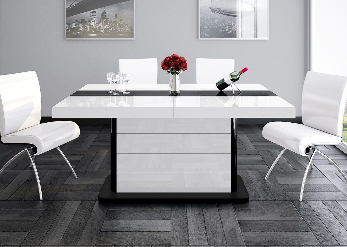 260 160 HE-555 Esstisch Tisch cm - designimpex Weiß Hochglanz Schwarz Design ausziehbar bis