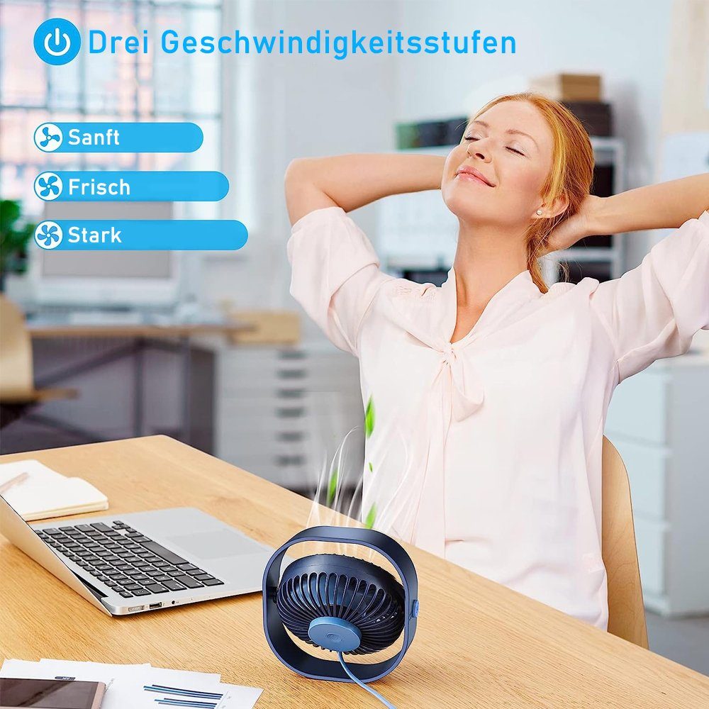 zggzerg Tragbarer 360°Drehung Lüfter Ventilator, Geschwindigkeiten Leise Blau USB-Ventilator 3 Mini USB