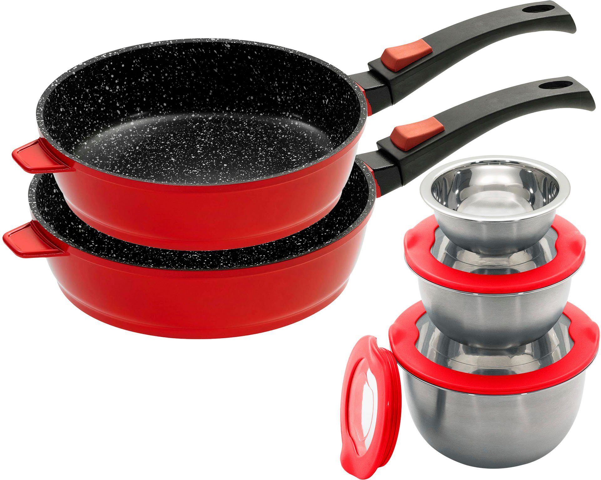 KING Pfannen-Set, Aluminiumguss (Set, 8-tlg., je 1 Pfanne Ø 24/28 cm, 3 Schüsseln Ø17,5 / Ø 14,5 / Ø12 cm mit Deckel), Induktion, abnehmbare Pfannengriffe, Schüsselset