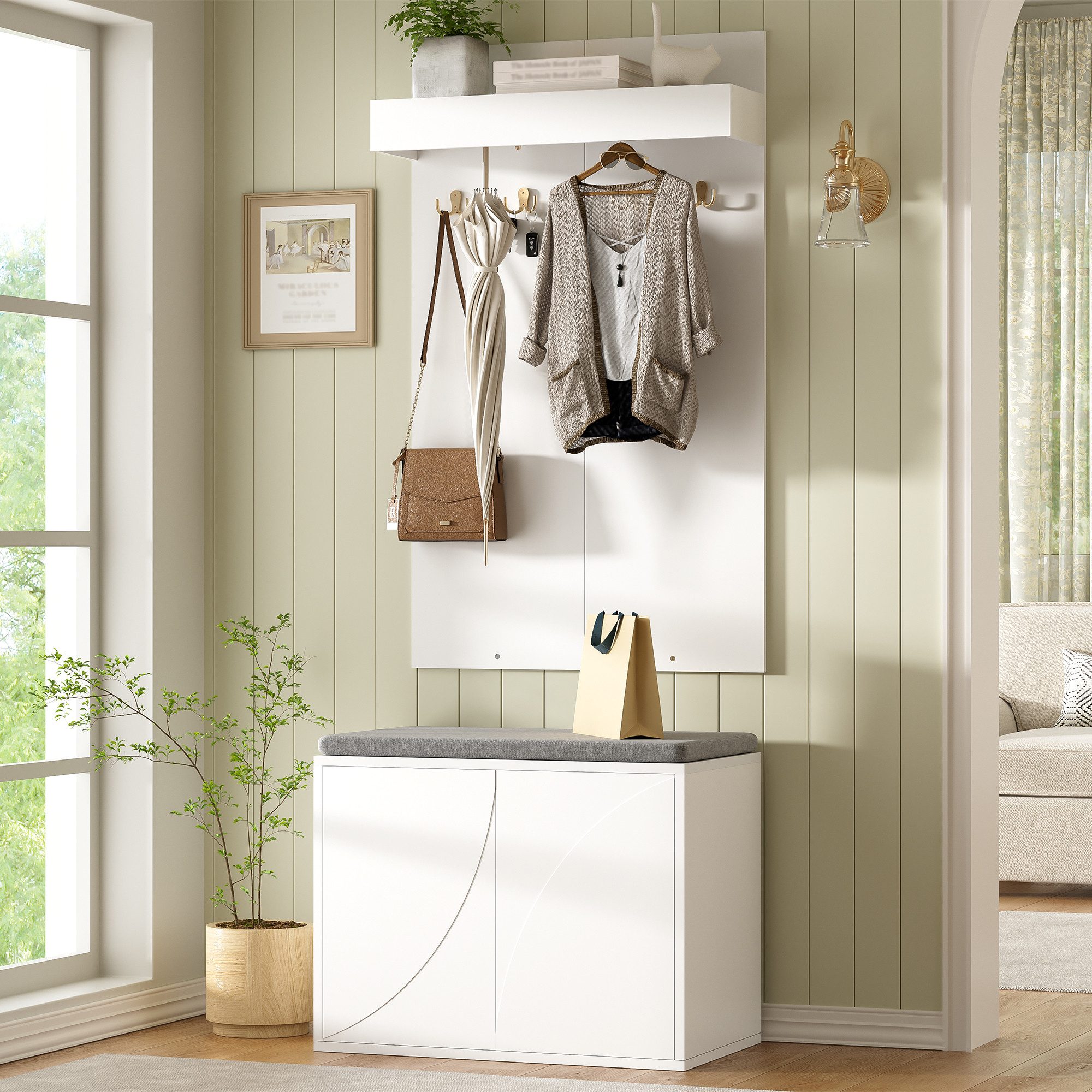 Flieks Garderoben-Set Kompaktgarderobe Kleiderständer mit 4 Haken, Schuhbank mit Kissen, (Set, 2-St., 60×35×(45+100) cm), Garderobenständer Schuhschrank Kleider – Bild 5 von 5