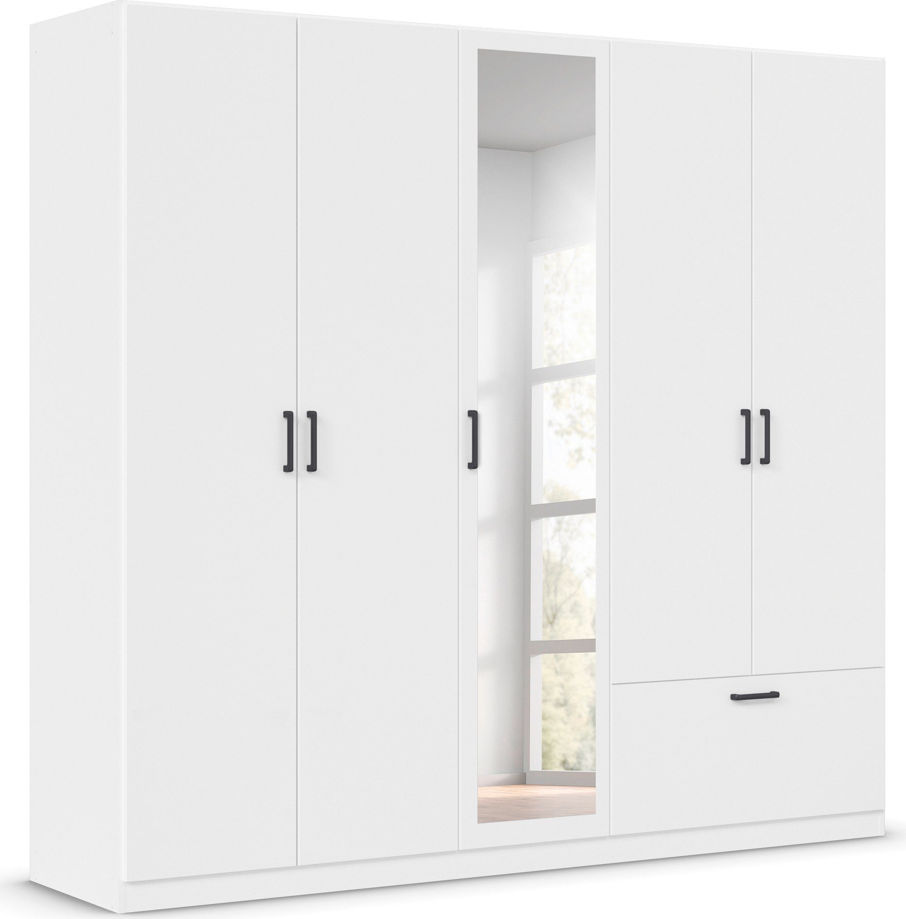 rauch Drehtürenschrank Kleiderschrank Schrank Garderobe Wäscheschrank BARI mit Spiegel mit Schubasten außen, moderner Griff in Graumetallic MADE IN GERMANY