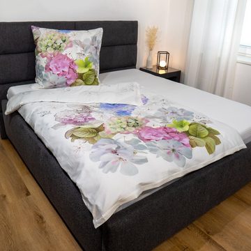 Bettwäsche Mako-Baumwolle, Traumschloss, Mako-Satin, 2 teilig, Digitaldruck, frische Blumen in lila, rosa, weiß