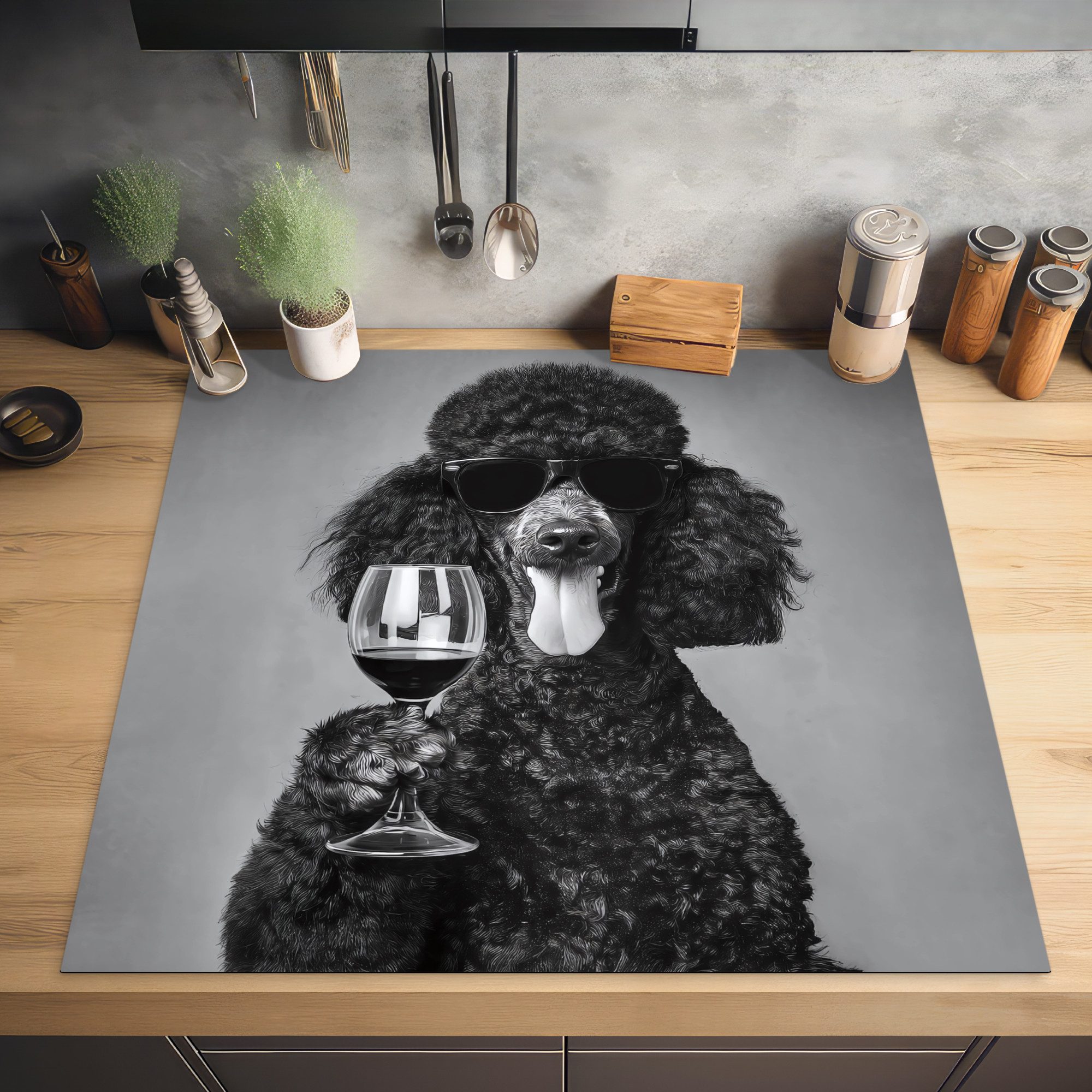 MuchoWow Herd-Abdeckplatte Hund - Locken - Sonnenbrille - Wein, Vinyl, (1 tlg), Abdeckung Induktionskochfeld Schutzmatte, Küche Deko, 78x78 cm