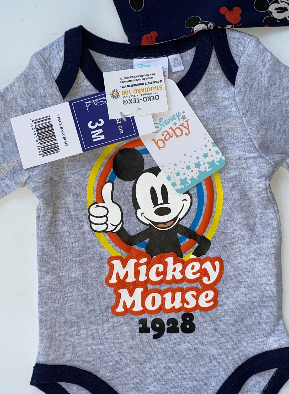 Disney Baby Strampler 2x Mickey Mouse Disney Baby Jungen Body Set Doppelpack Hellgrau + Navy 3 6 9 12 18 Monate Gr.62 68 74 80 86cm