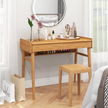 COSTWAY Schreibtisch, mit 2 Schubladen & Regal, Natur, aus Bambus 100x50x78cm
