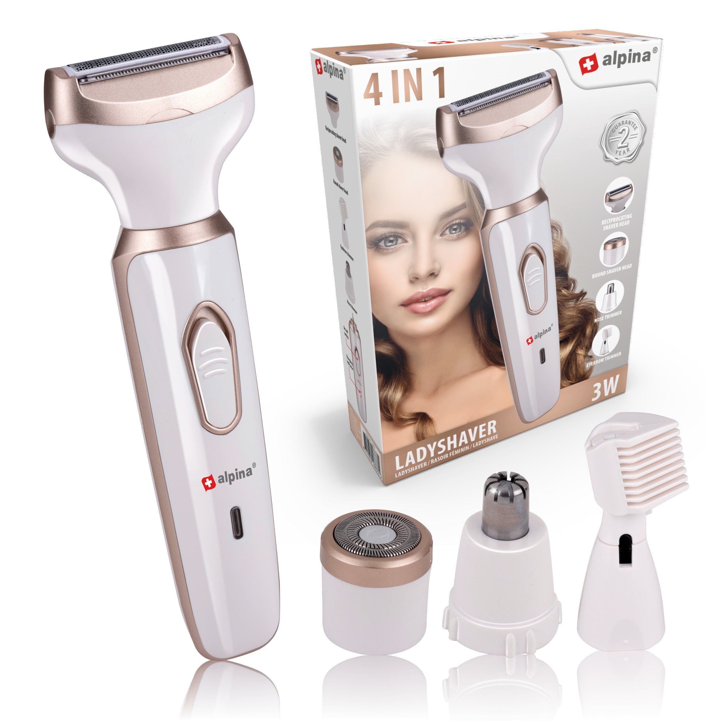 Alpina Elektrokörperrasierer alpina Rasierer Damen 4-in-1, 1x Lady Shave, 4x Aufsatz, 1x USB-Ladekabel, 1x Reinigungsbürste