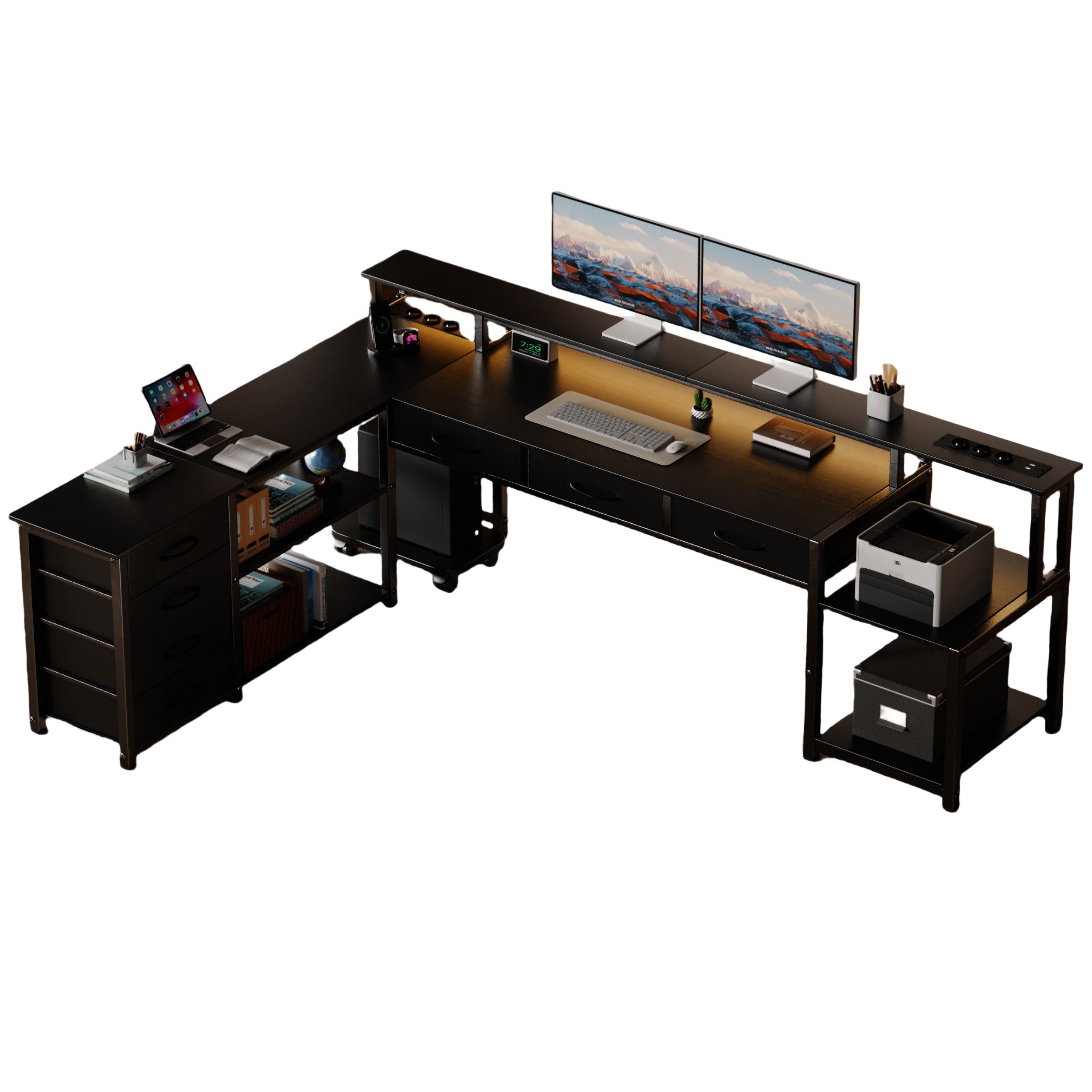 BBWL Computertisch Computer Schreibtisch aus P2 Spanplatte mit 7 Stoffschubladen (stabilem Metallgestell, RGB LED Beleuchtung, Steckdose 3AC+2USB und flexiblem PC-Ständer für Büro & Gaming)