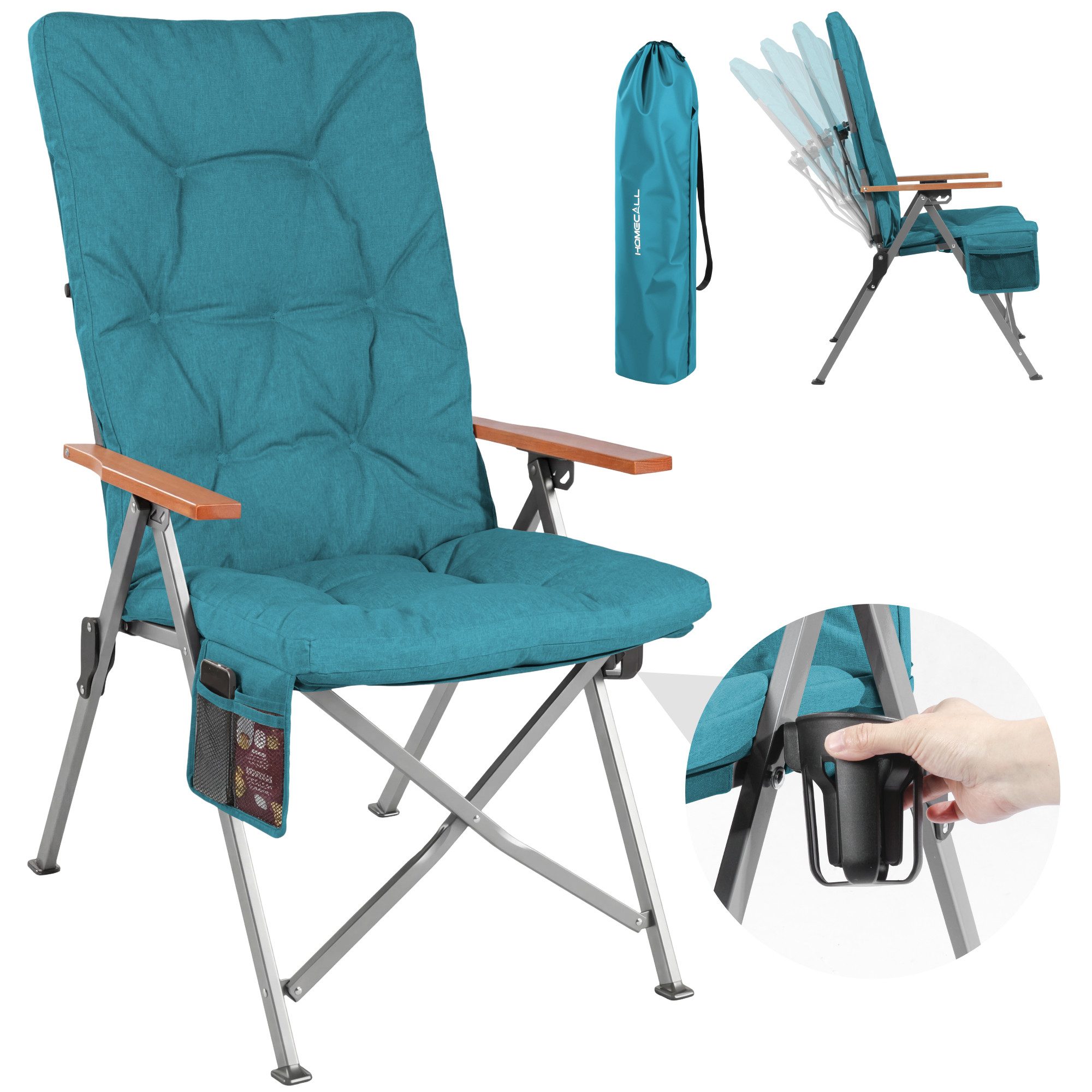 HOMECALL Campingstuhl Faltbar Hochlehner Luxus Klappstuhl mit 4,5cm Dicke Gepolstert (150kg Belastbar mit 4 Positionen Verstellbar Angelstuhl, 1 St), für Garten Balkon Wohnmobil