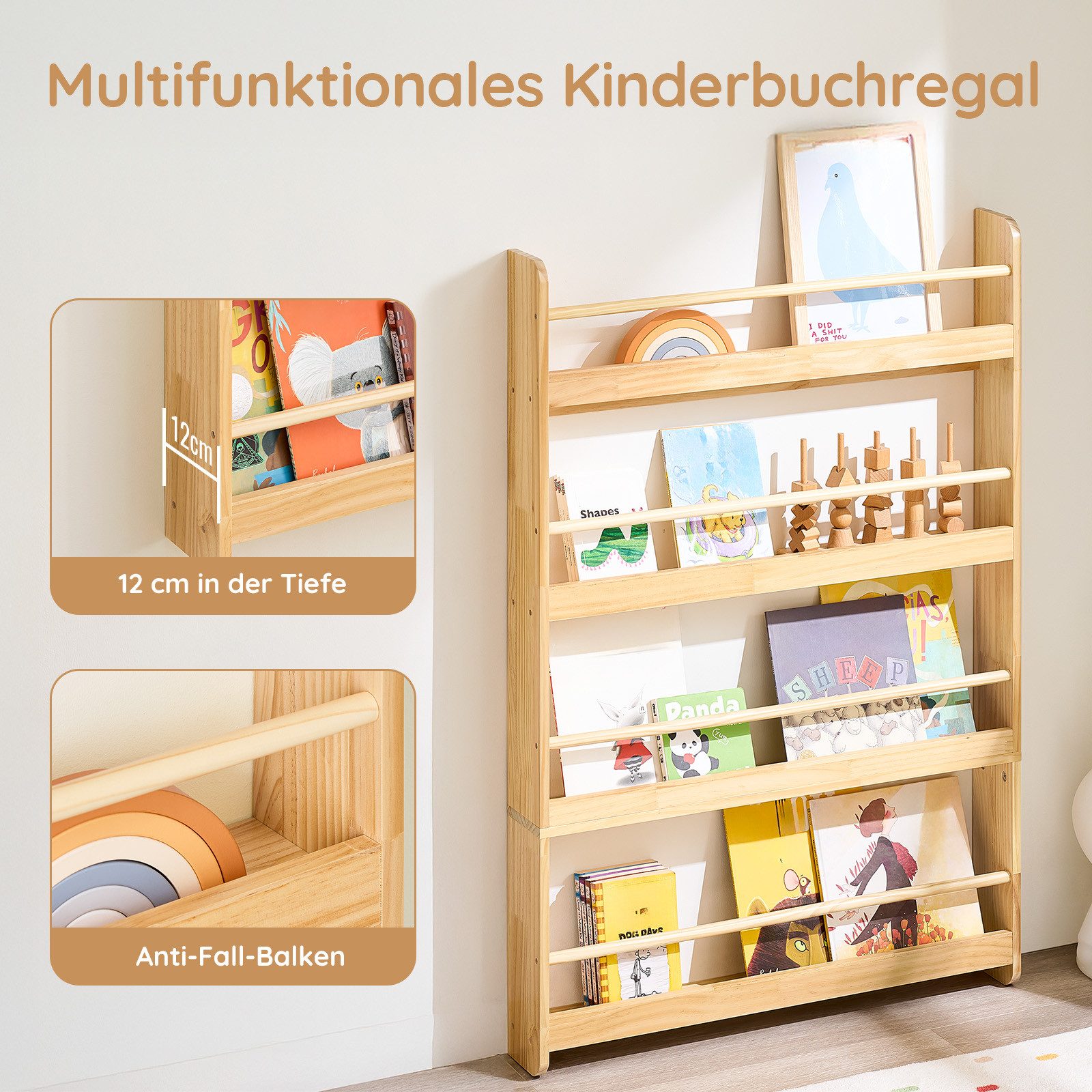 SoBuy Bücherregal DE-KMB08, Spielzeugtruhe Spielzeugregal für Kinderzimmer, Spielzimmer, mit 4 Ablagen, Kiefernholz, Kinderregal, Bücherregal Kinder, Wandregal