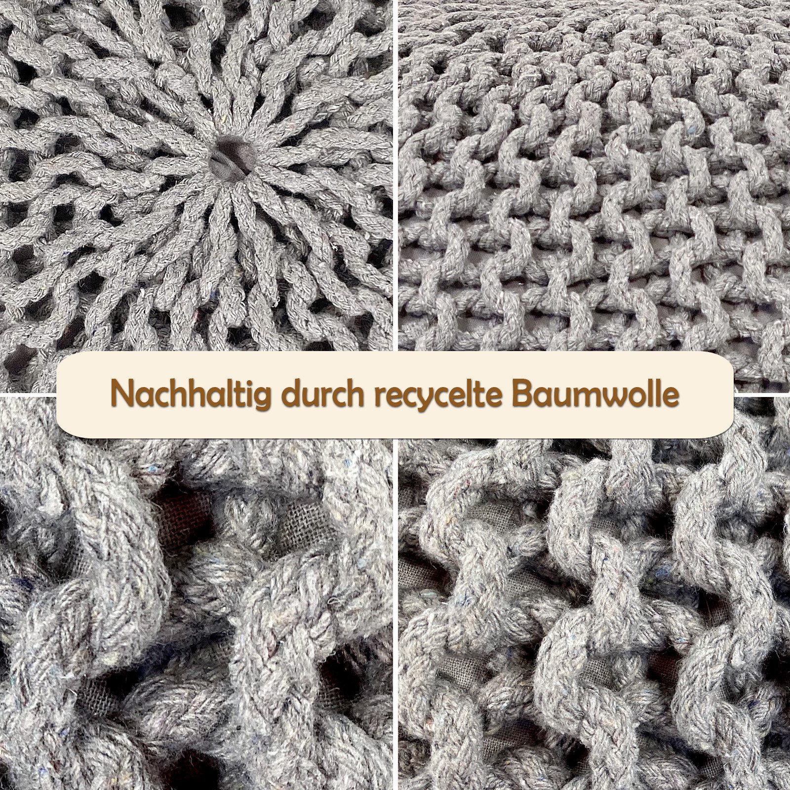 Amagohome Sitzhocker Strickhocker XXL Pouf Ø55 H37cm Bodenkissen Sitzpouf Baumwolle recycel – Bild 4 von 5