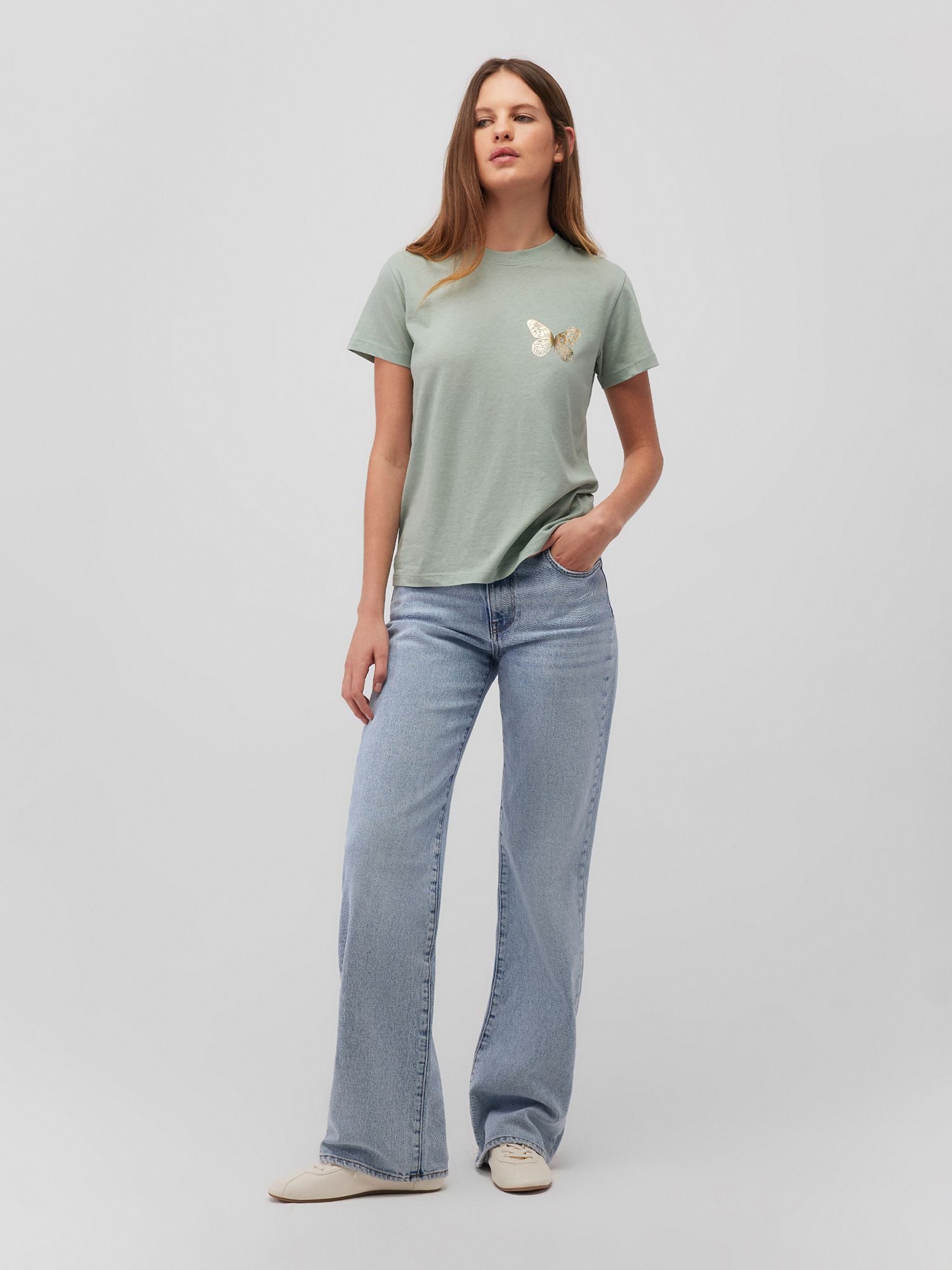 Mavi T-Shirt mit goldenem Schmetterling-Motiv, Rundhals günstig online kaufen