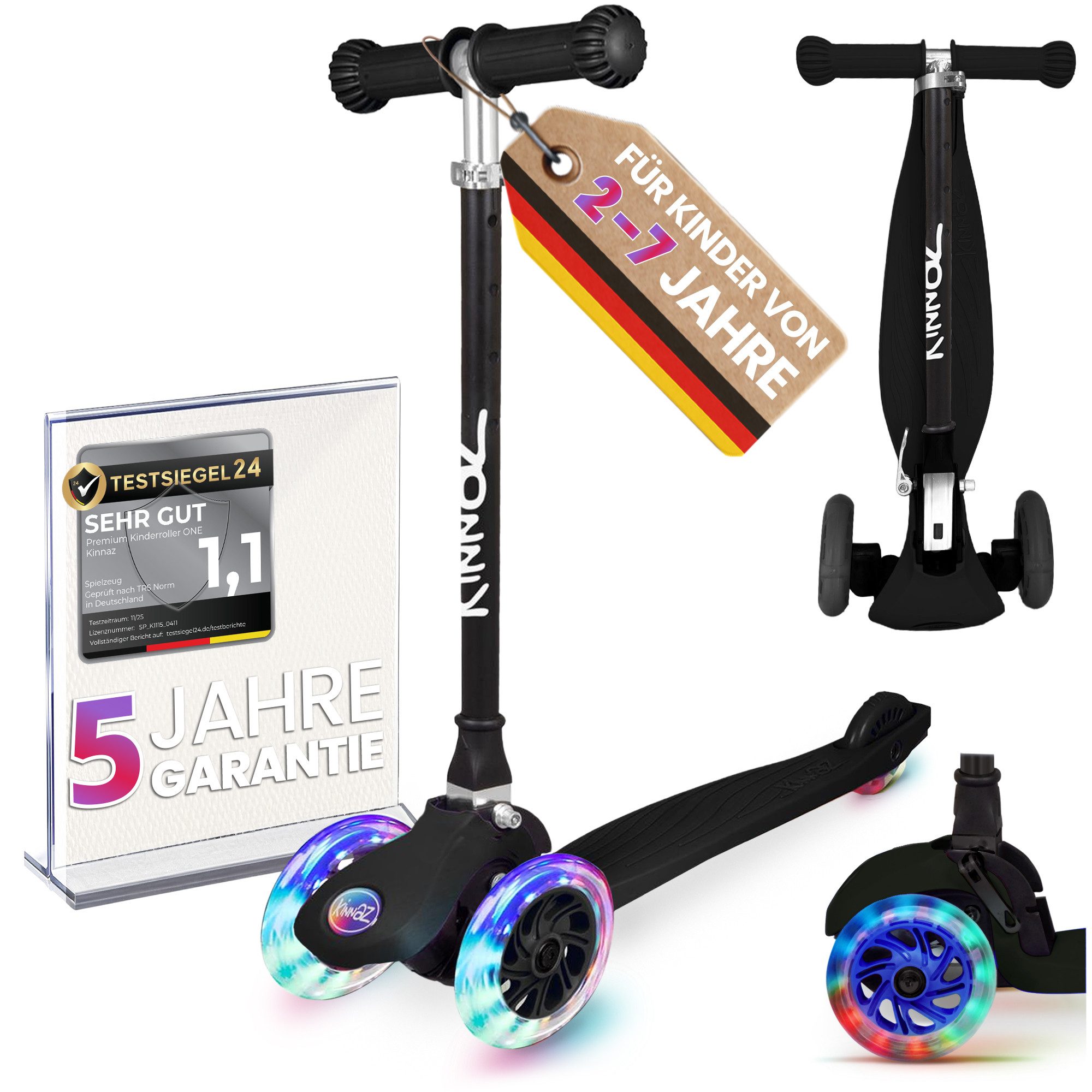 KINNAZ Dreiradscooter ab 2 Jahre LED, faltbar, Höhe flexibel, Kinderoller, Scooter, Roller, (Kinderroller, kinnaz ONE), Händler aus Hamburg