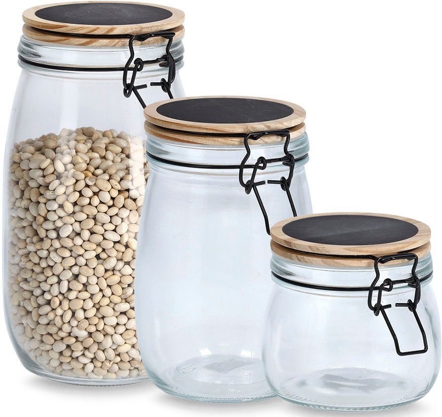Zeller Present Vorratsglas, Glas, Holz, (Set, 3-tlg), Bügelverschluß, 500ml, 1000ml, 1500ml
