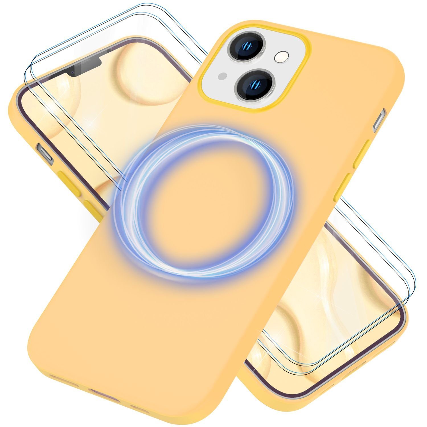 Nalia Smartphone-Hülle Apple iPhone 14 15,5 cm (6,1 Zoll), Liquid Silikon Hülle / MagSafe Funktion / 2x Schutzglas / Anti-Schmutz