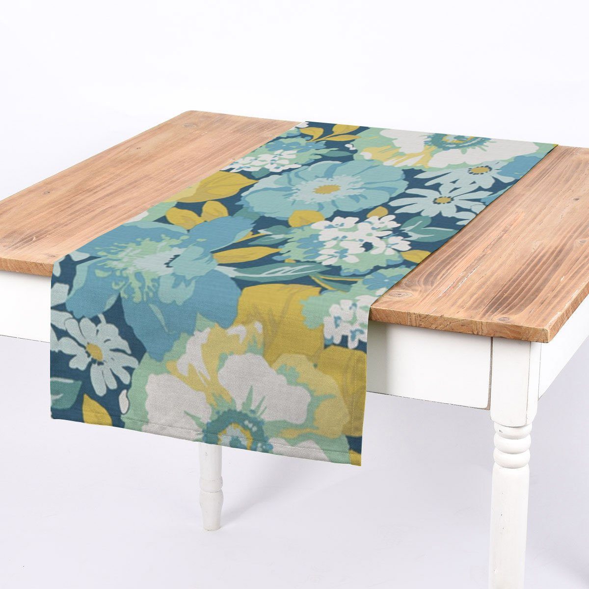 SCHÖNER LEBEN. Tischläufer SCHÖNER LEBEN. Tischläufer Blumen Blätter blau weiß grün 40x160cm, handmade