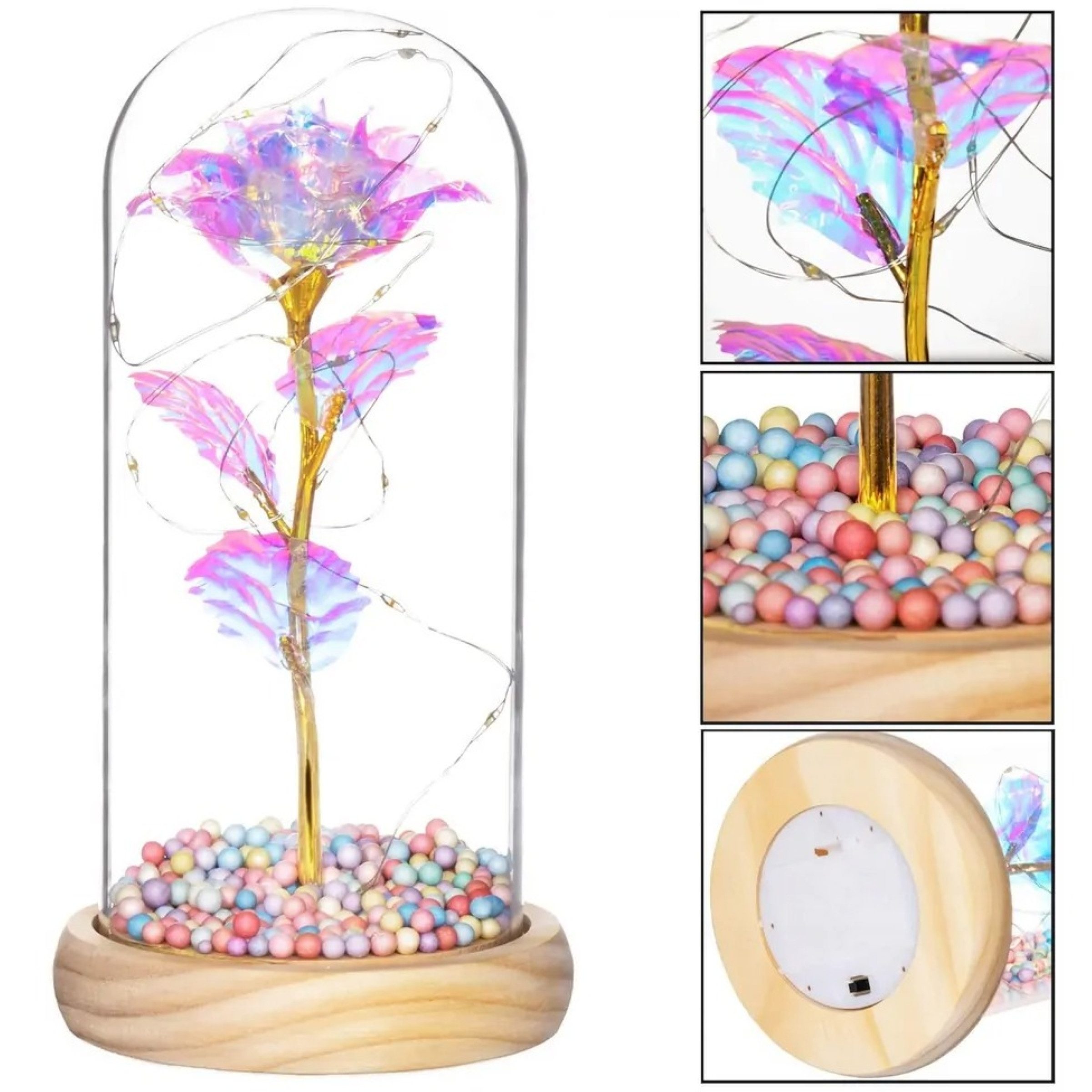AMORE MIO LED Dekoobjekt LED Rose Kuppel Holzsockel Beleuchtung Dekoobjekt Innenbereich, LED fest integriert, warmweiß, Warmweiße LED Beleuchtung batteriebetrieben dekorativ kompakt