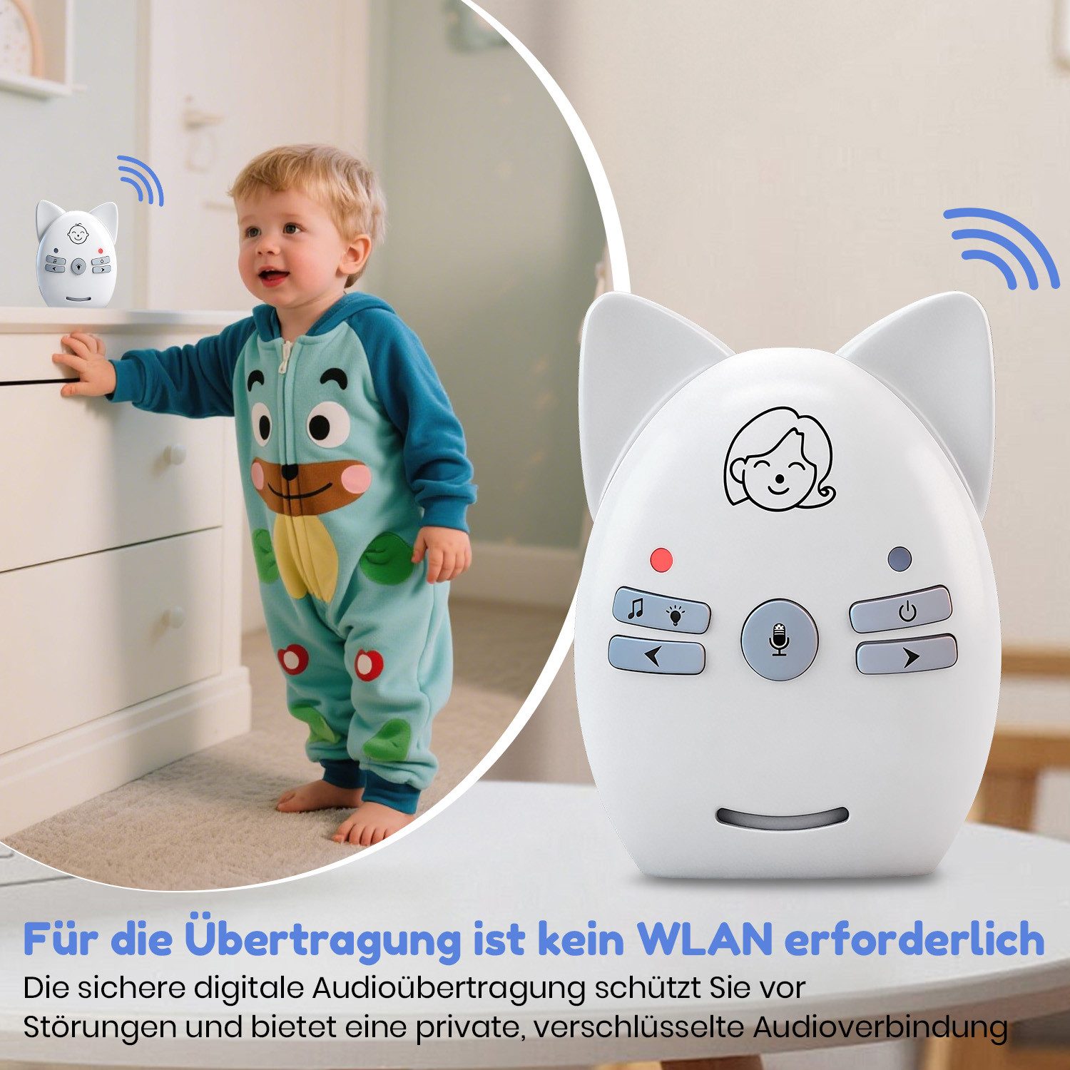 CkeyiN Pro Babyphone Digital,300 m Reichweite,Mit Nachtlicht und Gegensprechfunktion, Akku- oder Netzbetrieb,Gürtelclip,Smart ECO-Modus, Sichere digitale Übertragung