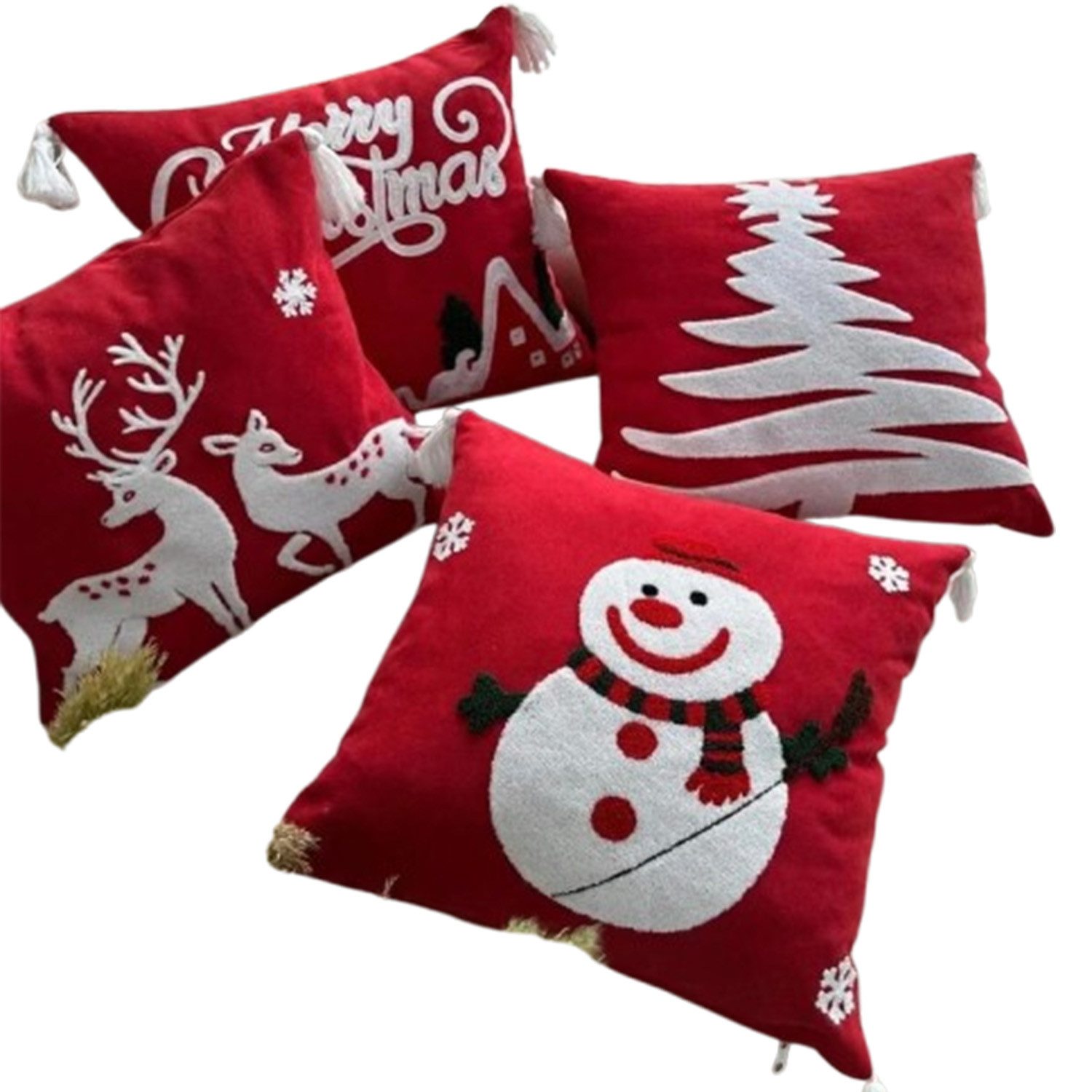 inovesis Kissenbezüge Weihnachtliche Kissenbezüge aus Leinen. 4er / 8er / 12er / 16er Set, (4 Stück), Kissenbezüge mit Punch-Stickerei, Quasten, Druck