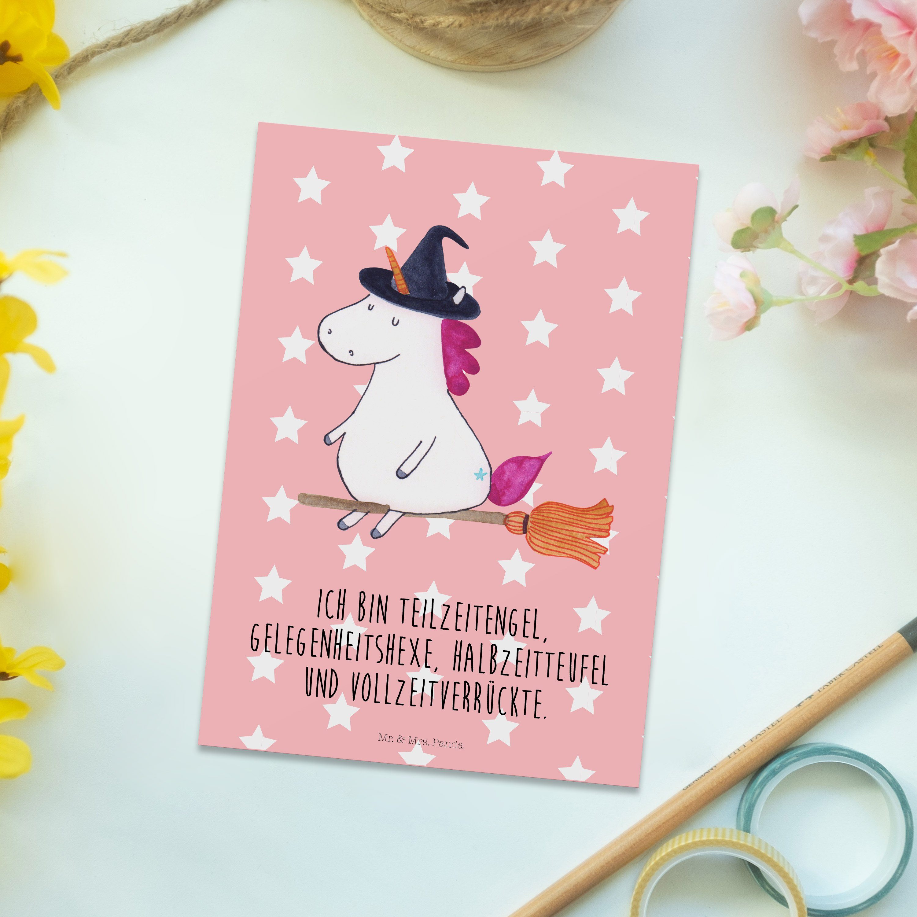 Pastell Mrs. Postkarte Hexe - - Panda & Geschenk, Einhorn Pegasus, Einhör Mr. Geschenkkarte, Rot