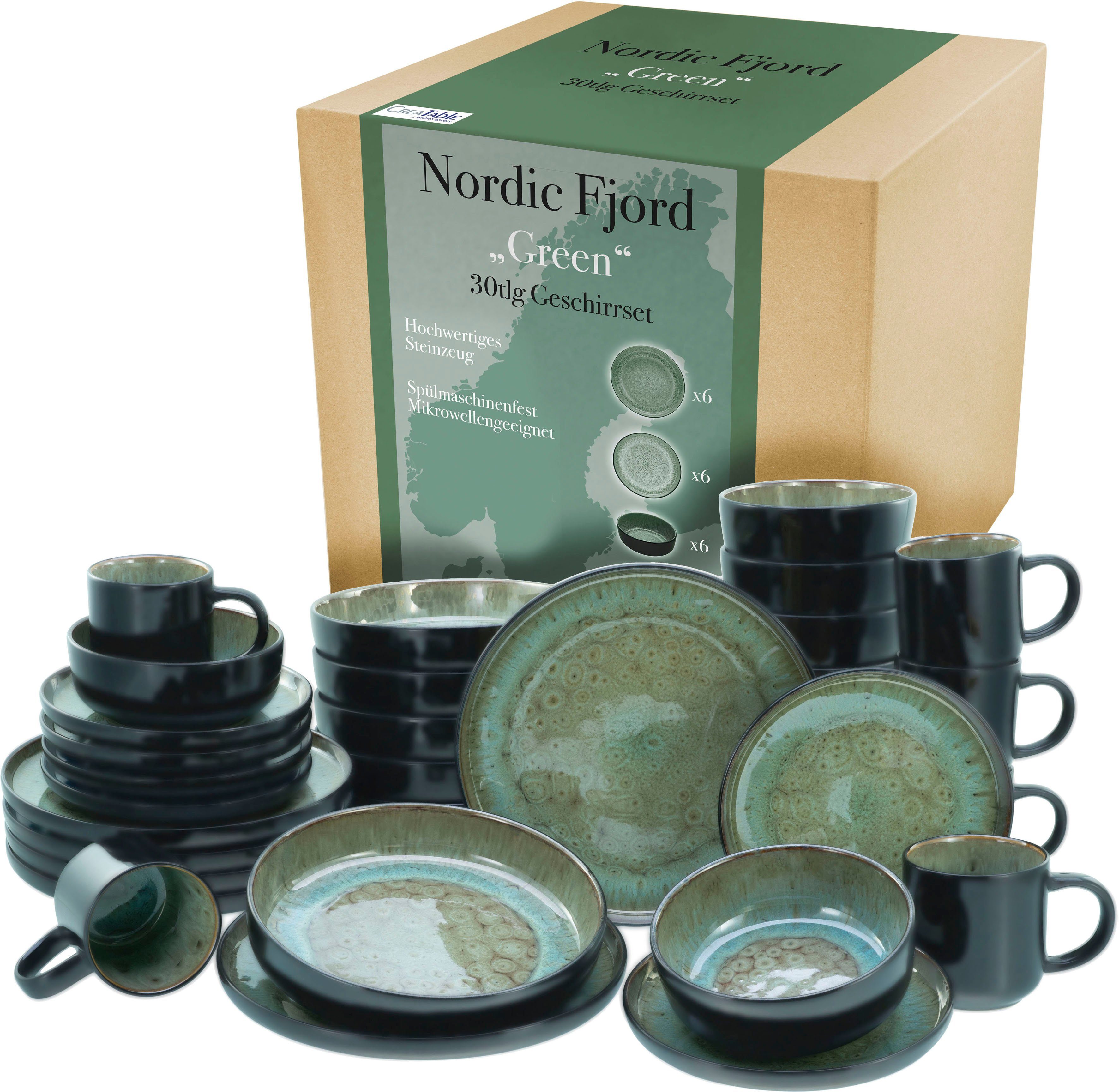 CreaTable Kombiservice Nordic Fjord (30-tlg), 6 Personen, Steinzeug, je 6 Speiseteller, Suppenteller, Dessertteller, Schalen, Kaffeebecher