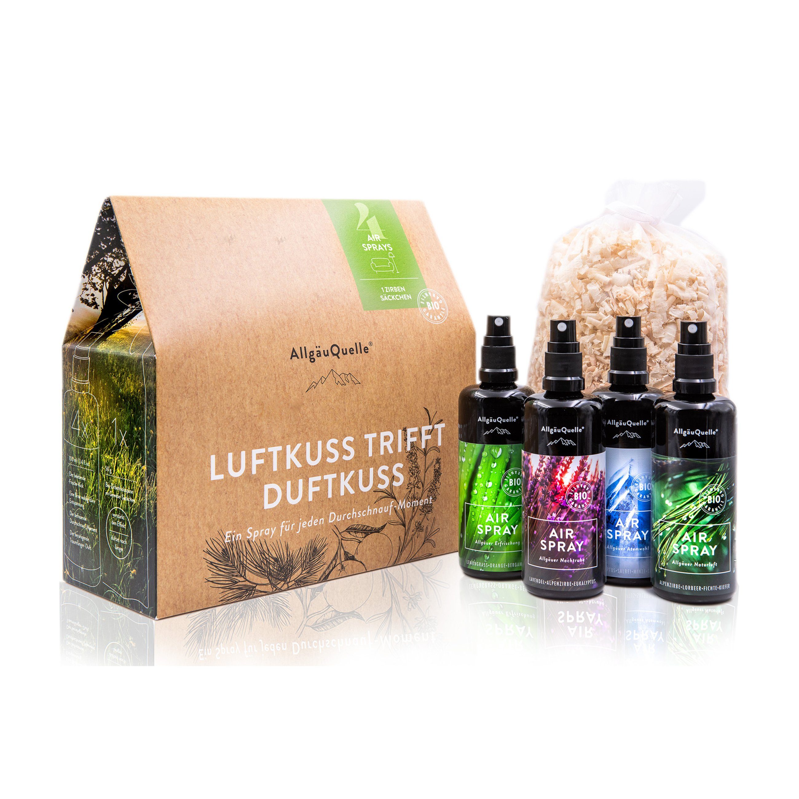 Allgäuquelle Raumduft BIO AirSpray Set Duftspray (4 x 100ml + 1 x Zirben-Säckchen), 4 x 100ml Lemongrass, Orange, Eukalyptus, Minze, Kiefer, Lavendel