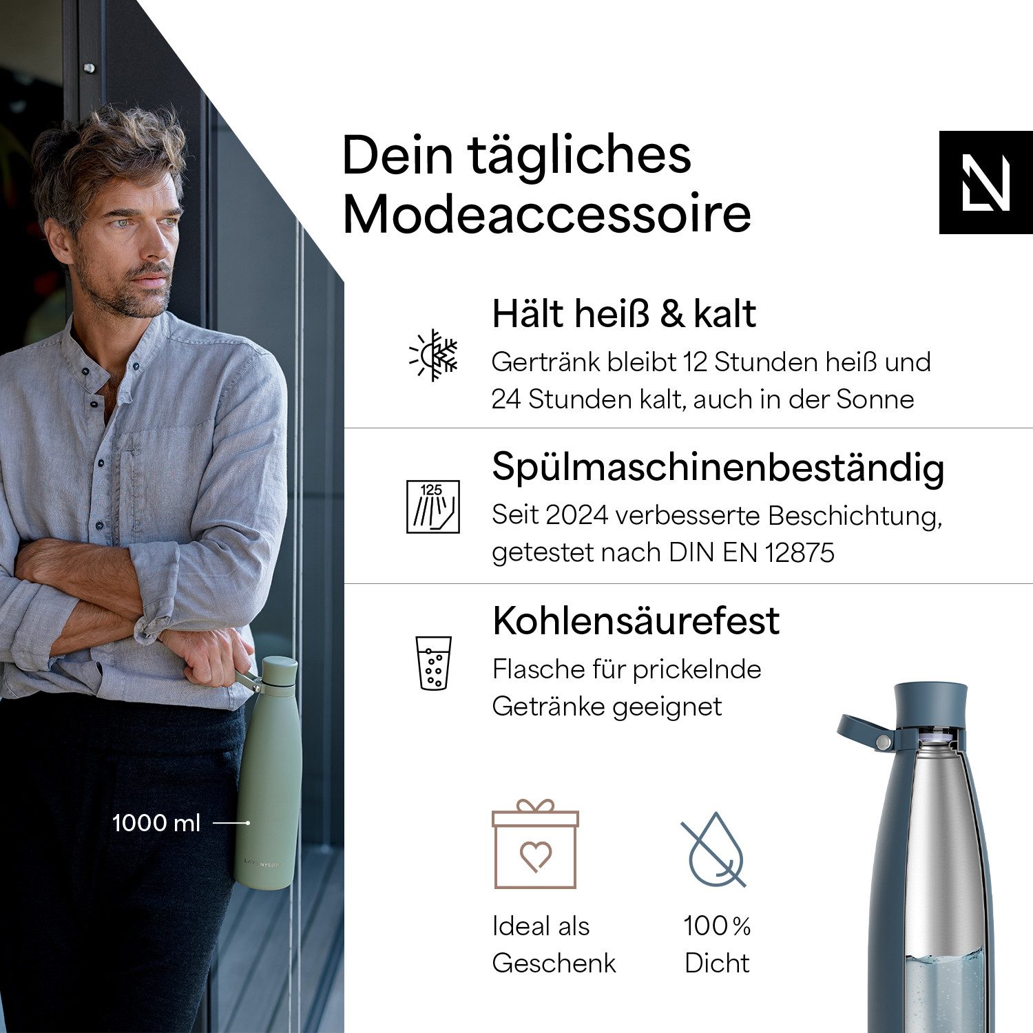 LARS NYSØM Thermoflasche Nåde, Vakuum Isolierung & Trageschlaufe: 12h heiß / 24h kühl