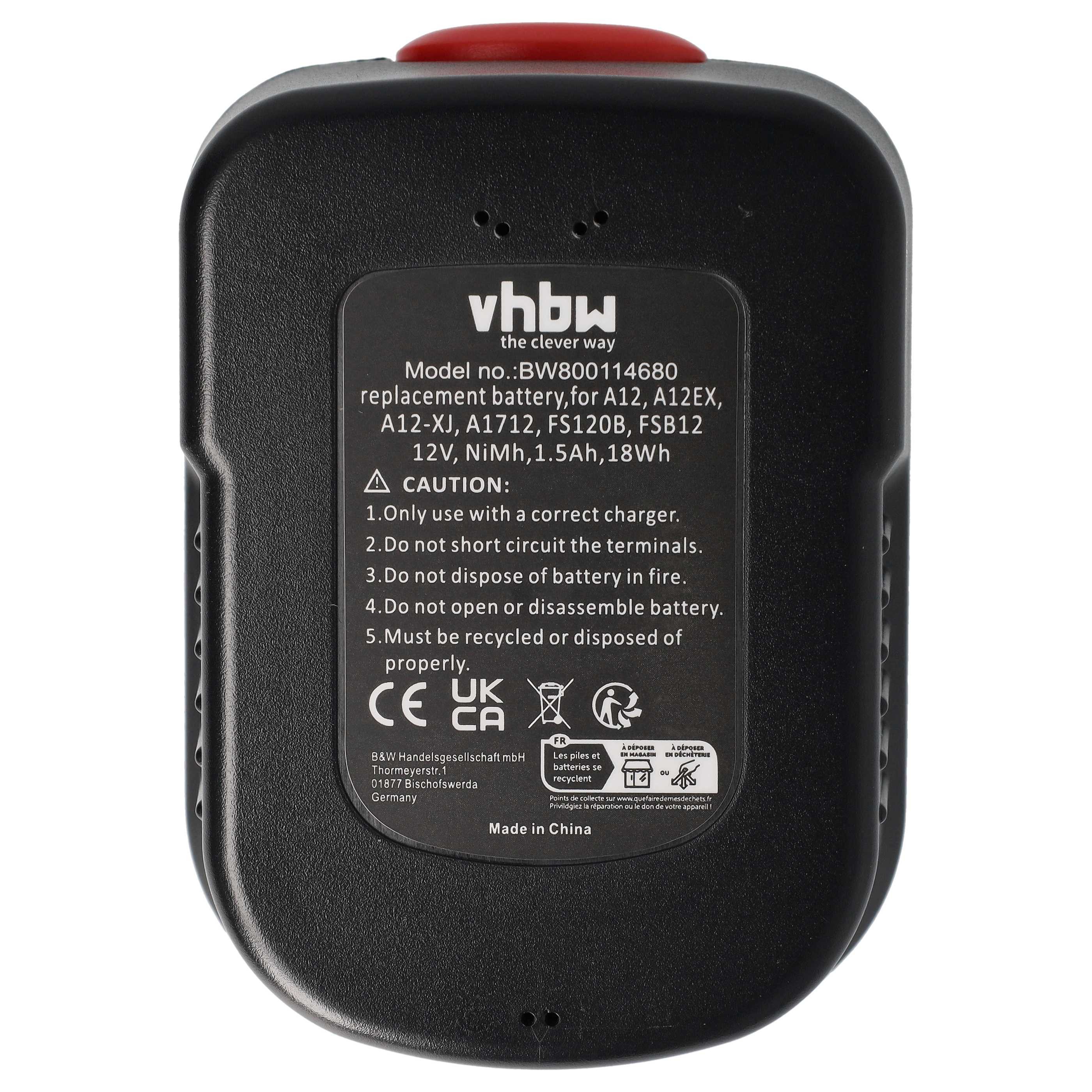 vhbw Akku Ersatz für Black & Decker A12, A12, A12-XJ, A12-XJ, A12EX, A1712, Akku Akku NiMH 1500 mAh (12 V, 1 St), Leistungsfähiger Austausch-Akku für Werkzeug Powertools wie