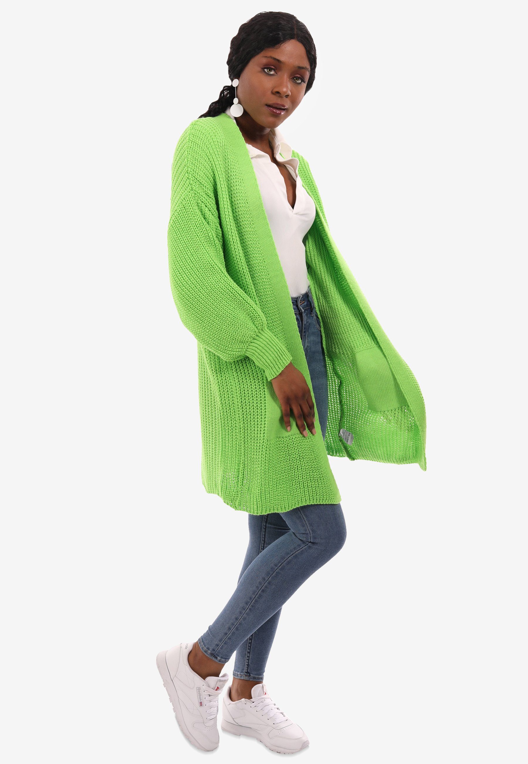 Cardigan mit Taschen mit & aufgesetzten Taschen One Style limegreen Fashion Size in Unifarbe, Strick-Cardigan YC