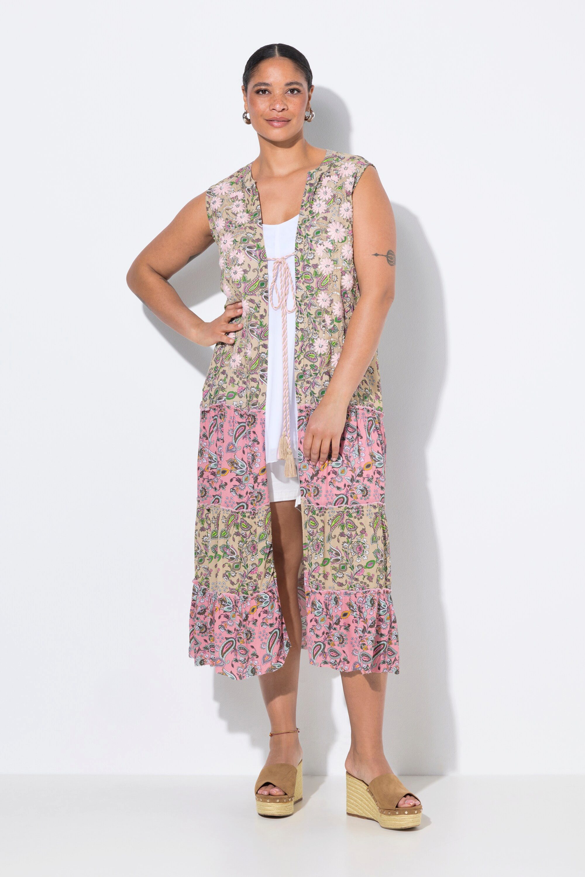 MIAMODA Sommerjacke Weste lange A-Linie Blüten-Stickerei günstig online kaufen