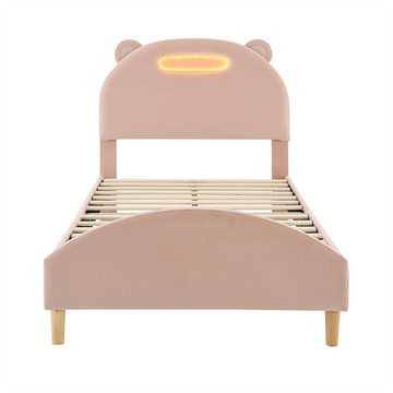 autolock Jugendbett Einzelbett, Kinderbett, Jugendbett, Polsterbett mit LED-Leiste, Bettkopf mit lustiger Bärenkopfform, mit Holz Lattenroste