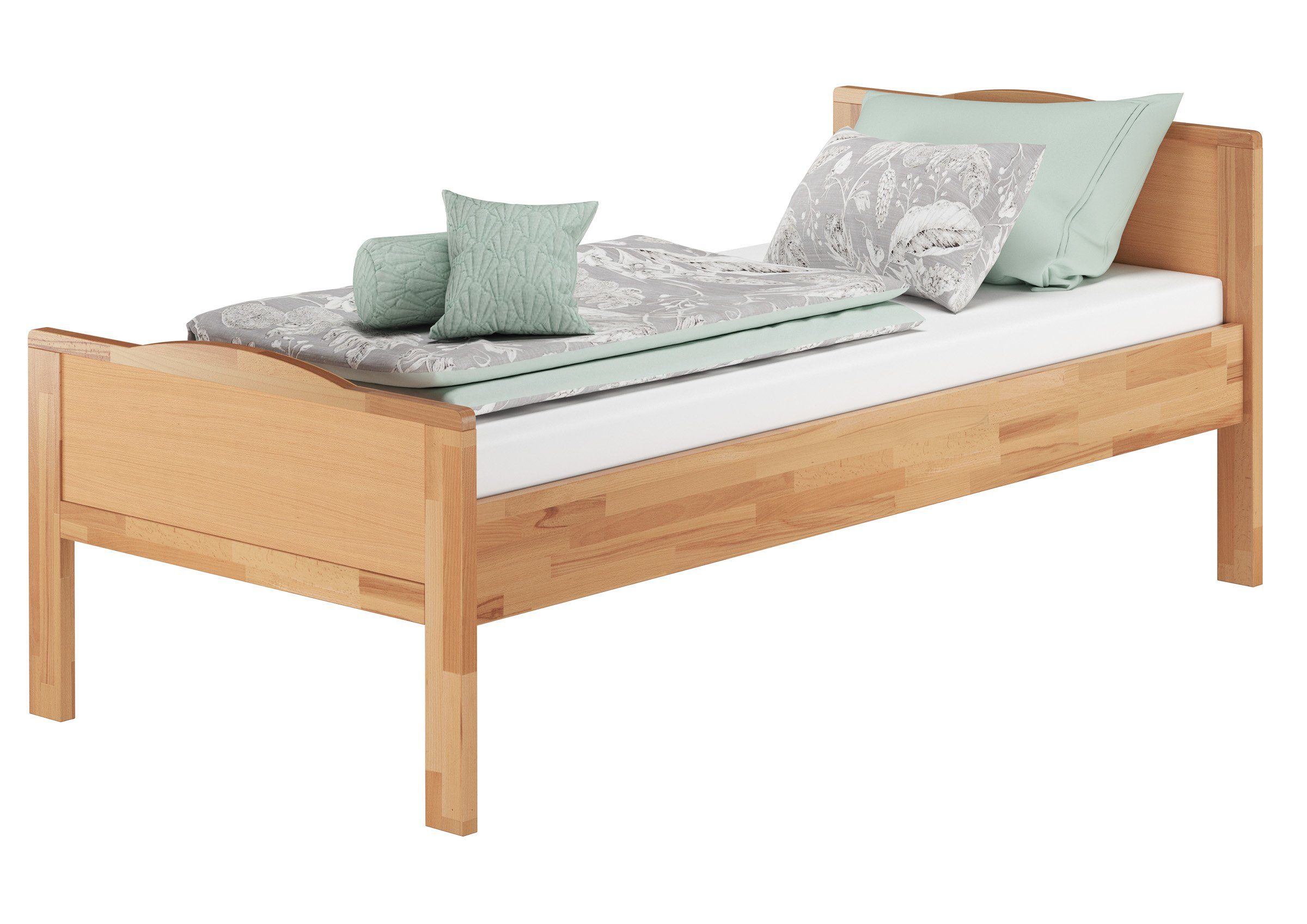 und Komplettset Einzelbett Bett Buchefarblos 100x200 ERST-HOLZ Buche Matratze, lackiert mit Federleisten