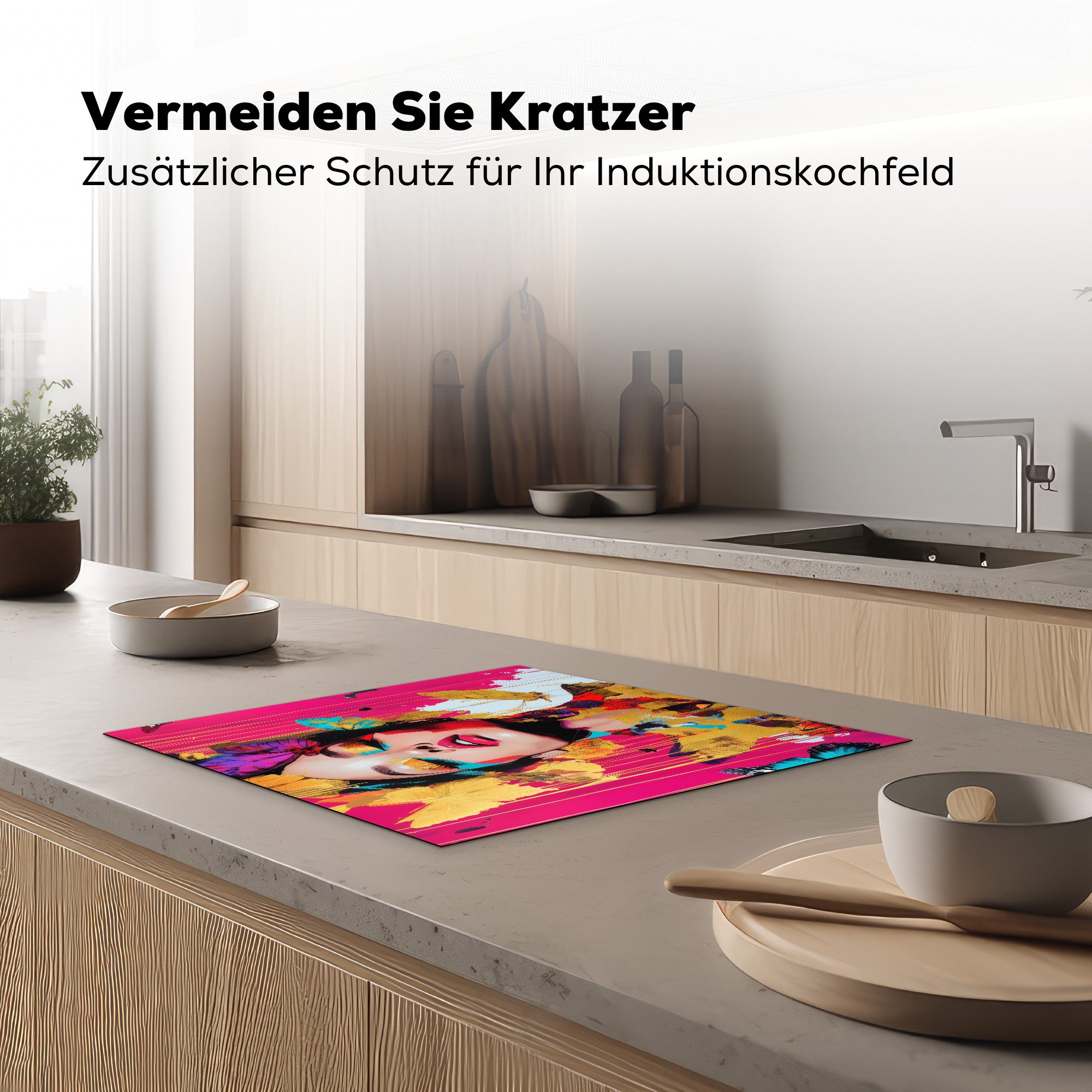 MuchoWow Herd-Abdeckplatte Frau - Abstrakt - Farbenfroh, Vinyl, (1 tlg), Cerankochfeld Abdeckung, Herd Abdeckplatten Vinyl, 58x51 cm
