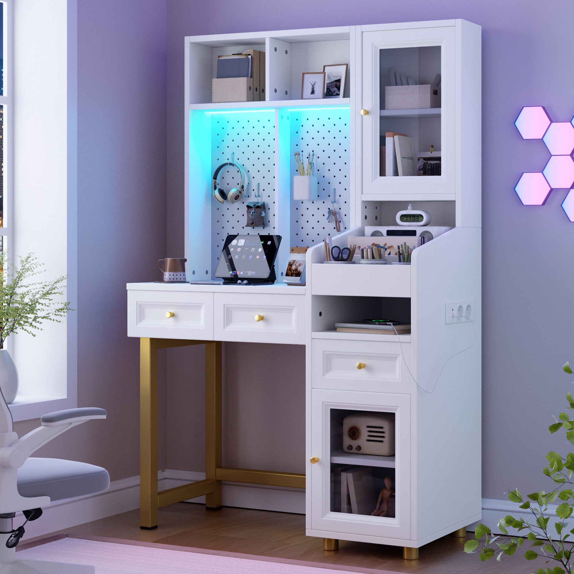 Flieks Schreibtisch Computertisch mit LED-Beleuchtung, Steckdosen, Lochwand, 5 Haken (100x45x156 cm, 1-St., Eckschreibtisch mit Ladenfunktion), multifunktionaler Regal-Schreibtisch Arbeitstisch Bürotisch Weiß