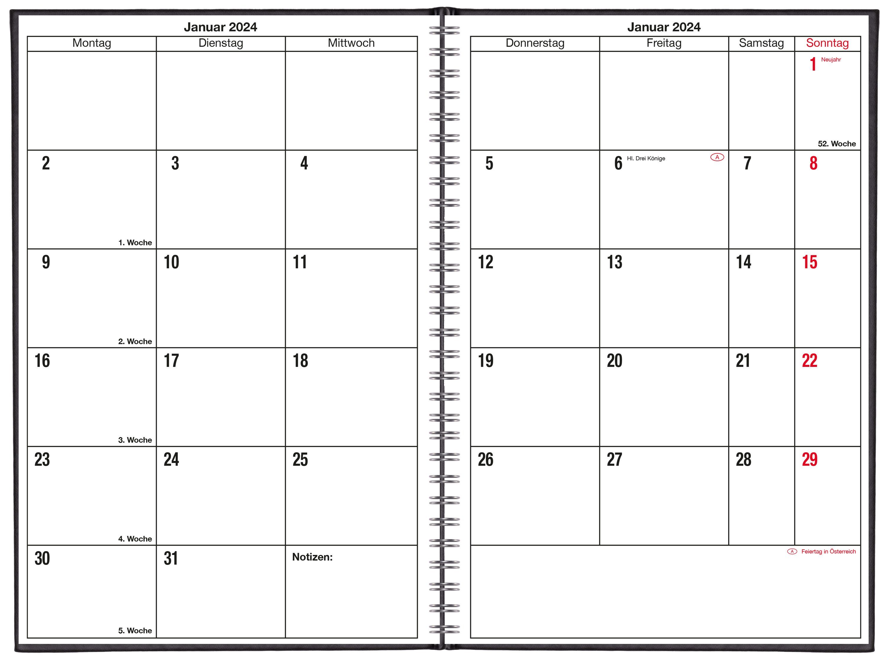 GÜSS Kalender Monatskalender GÜSS Monatsübersicht DIN A5 Tucson, Wire-O, 1 Monat auf 2 Seiten
