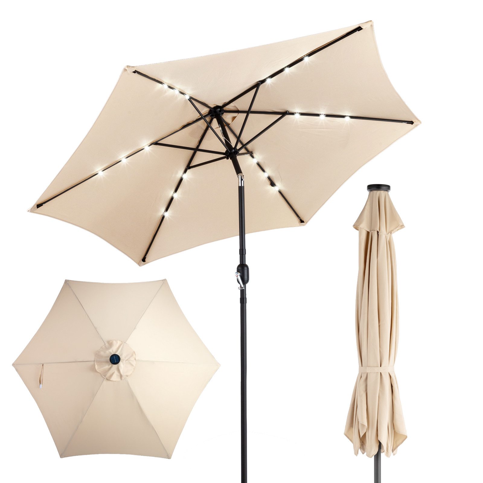 LALAHO Sonnenschirm Gartenschirm Ø266cm mit Solar LED Beleuchtung, Kurbel & Neigefunktion, 6 Stahlrippen UPF50+ Terrassenschirm für Garten, Terrasse